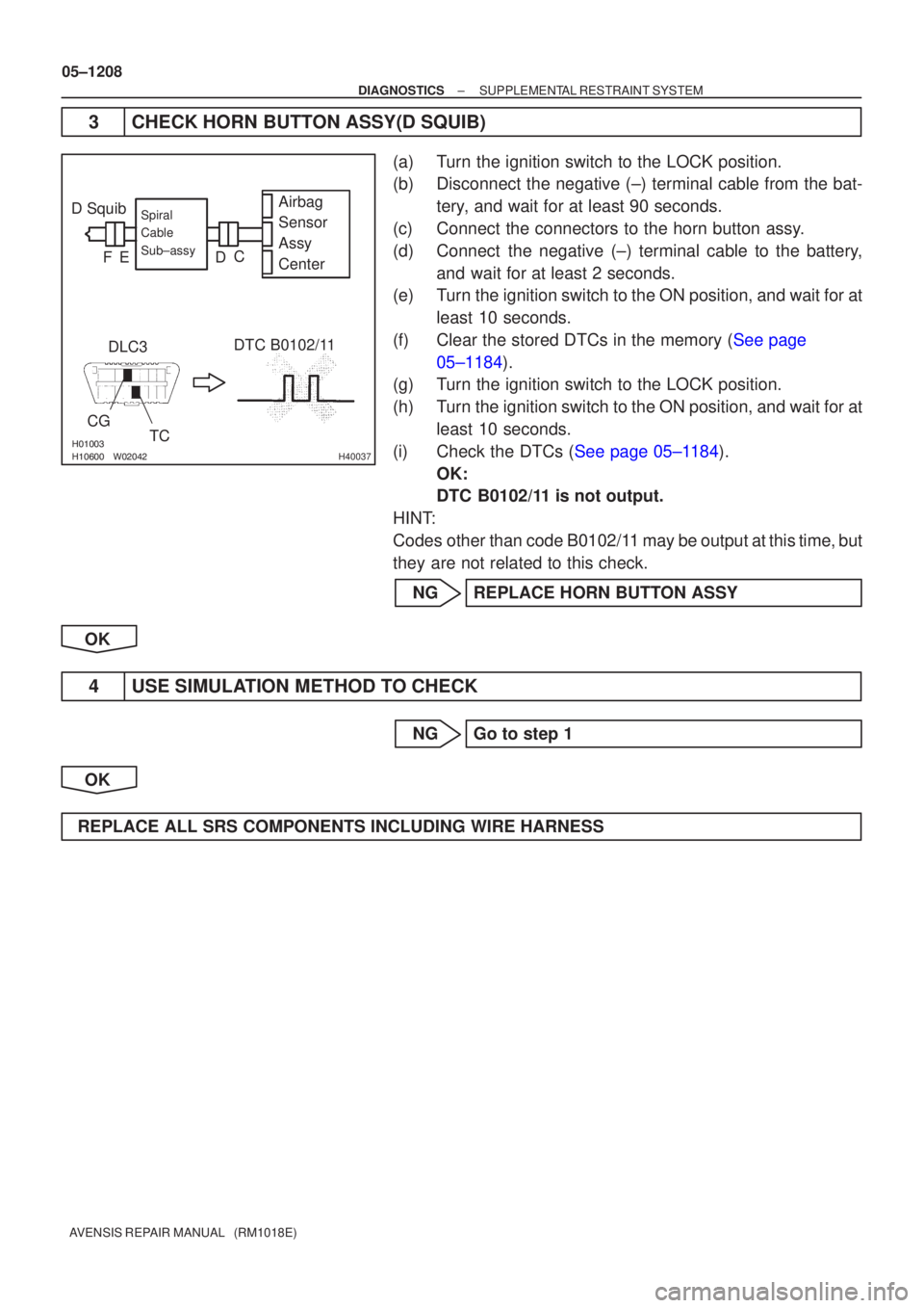 TOYOTA AVENSIS 2005 Service Repair Manual \bH40037
D SquibDLC3 DTC B0102/11
CG
TC Airbag
Sensor
Assy
Center
Spiral
Cable
Sub±assy
FD
E C
05±1208
±
DIAGNOSTICS SUPPLEMENTAL RESTRAINT SYSTEM
AVENSIS REPAIR MANUAL (RM1018E) TOYOTA AVENSIS 2005 Service Repair Manual \bH40037
D SquibDLC3 DTC B0102/11
CG
TC Airbag
Sensor
Assy
Center
Spiral
Cable
Sub±assy
FD
E C
05±1208
±
DIAGNOSTICS SUPPLEMENTAL RESTRAINT SYSTEM
AVENSIS REPAIR MANUAL (RM1018E)