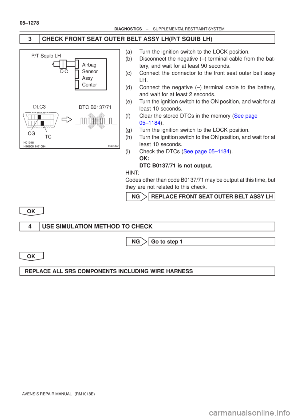 TOYOTA AVENSIS 2005 Service Repair Manual H40062
P/T Squib LHAirbag
Sensor
Assy
Center
DLC3
CG DTC B0137/71
TCC
D
05±1278
±
DIAGNOSTICS SUPPLEMENTAL RESTRAINT SYSTEM
AVENSIS REPAIR MANUAL (RM1018E)
3 CHECK FRONT SEAT OU TOYOTA AVENSIS 2005 Service Repair Manual H40062
P/T Squib LHAirbag
Sensor
Assy
Center
DLC3
CG DTC B0137/71
TCC
D
05±1278
±
DIAGNOSTICS SUPPLEMENTAL RESTRAINT SYSTEM
AVENSIS REPAIR MANUAL (RM1018E)
3 CHECK FRONT SEAT OU