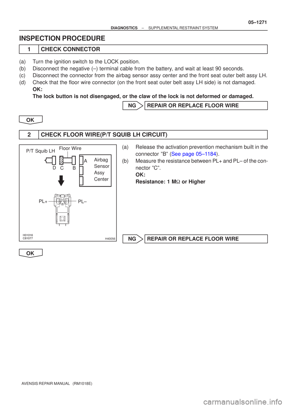 TOYOTA AVENSIS 2005  Service Repair Manual H40056
P/T Squib LHPL±
PL+ Airbag
Sensor
Assy 
CenterFloor Wire
A
B
C
D
±
DIAGNOSTICS SUPPLEMENTAL RESTRAINT SYSTEM
05±1271
AVENSIS REPAIR MANUAL   (RM1018E)
INSPECTION PROCEDURE
1CHECK