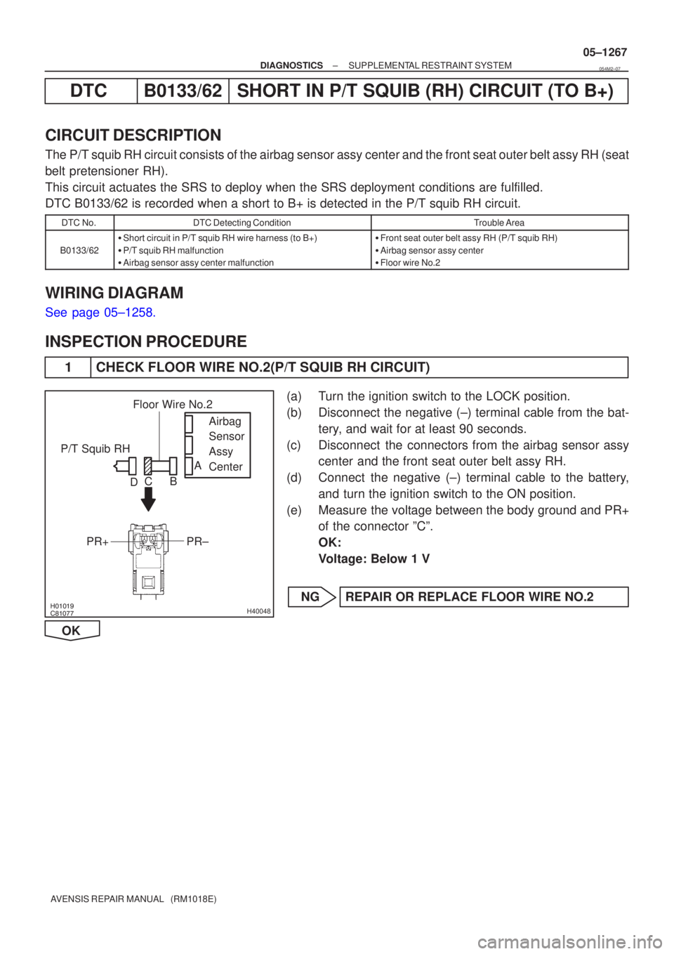 TOYOTA AVENSIS 2005  Service Repair Manual H40048
P/T Squib RHPR±
PR+ Airbag 
Sensor 
Assy 
Center
Floor Wire No.2
A
B
C
D
±
DIAGNOSTICS SUPPLEMENTAL RESTRAINT SYSTEM
05±1267
AVENSIS REPAIR MANUAL   (RM1018E)
DTC B0133/62 SHORT 