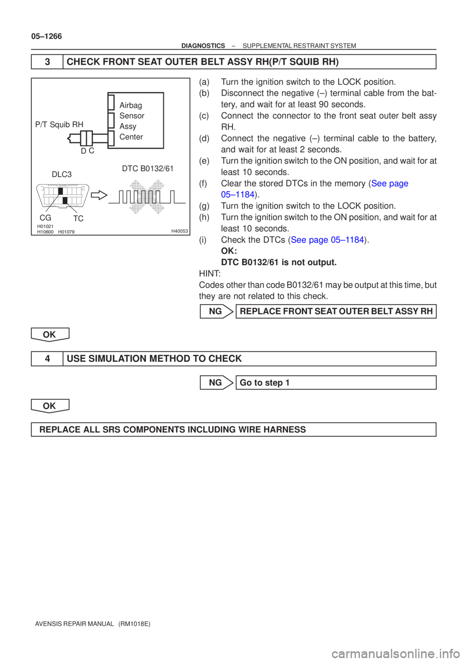 TOYOTA AVENSIS 2005  Service Repair Manual H40053
Airbag
Sensor
Assy
Center
P/T Squib RH
DLC3 DTC B0132/61
TC
CG
C
D
05±1266
±
DIAGNOSTICS SUPPLEMENTAL RESTRAINT SYSTEM
AVENSIS REPAIR MANUAL   (RM1018E)
3 CHECK FRONT SEAT O