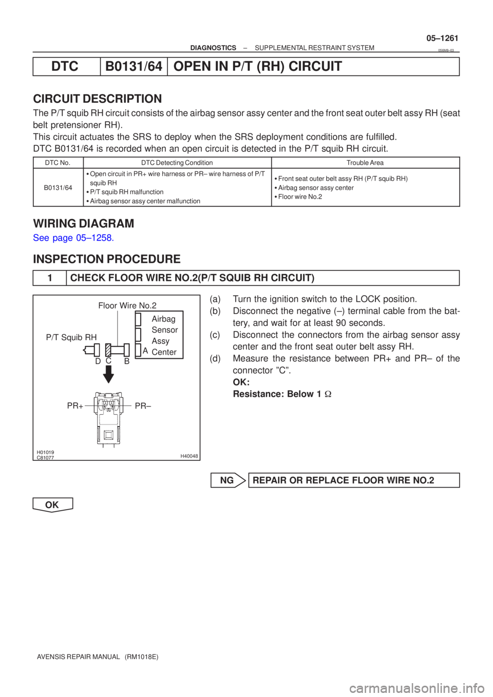 TOYOTA AVENSIS 2005  Service Repair Manual H40048
P/T Squib RHAirbag
Sensor
Assy
Center
PR±
PR+
Floor Wire No.2
A
B
C
D
±
DIAGNOSTICS SUPPLEMENTAL RESTRAINT SYSTEM
05±1261
AVENSIS REPAIR MANUAL   (RM1018E)
DTC B0131/64 OPEN IN P