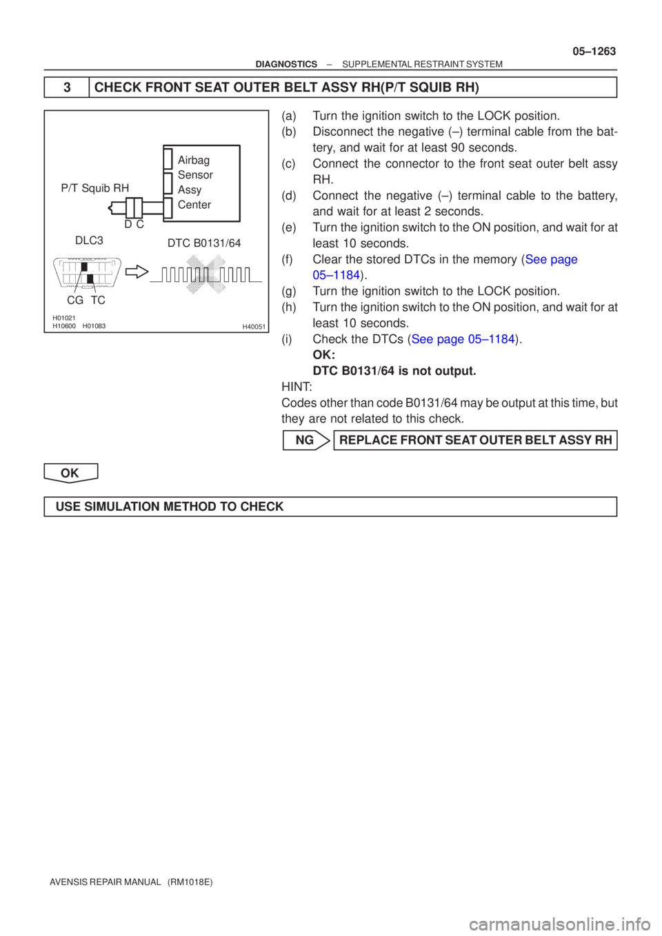 TOYOTA AVENSIS 2005  Service Repair Manual  H40051
P/T Squib RHDLC3
CG TC DTC B0131/64
Airbag
Sensor
Assy
Center
C
D
±
DIAGNOSTICS SUPPLEMENTAL RESTRAINT SYSTEM
05±1263
AVENSIS REPAIR MANUAL   (RM1018E)
3 CHECK FRONT SEAT O