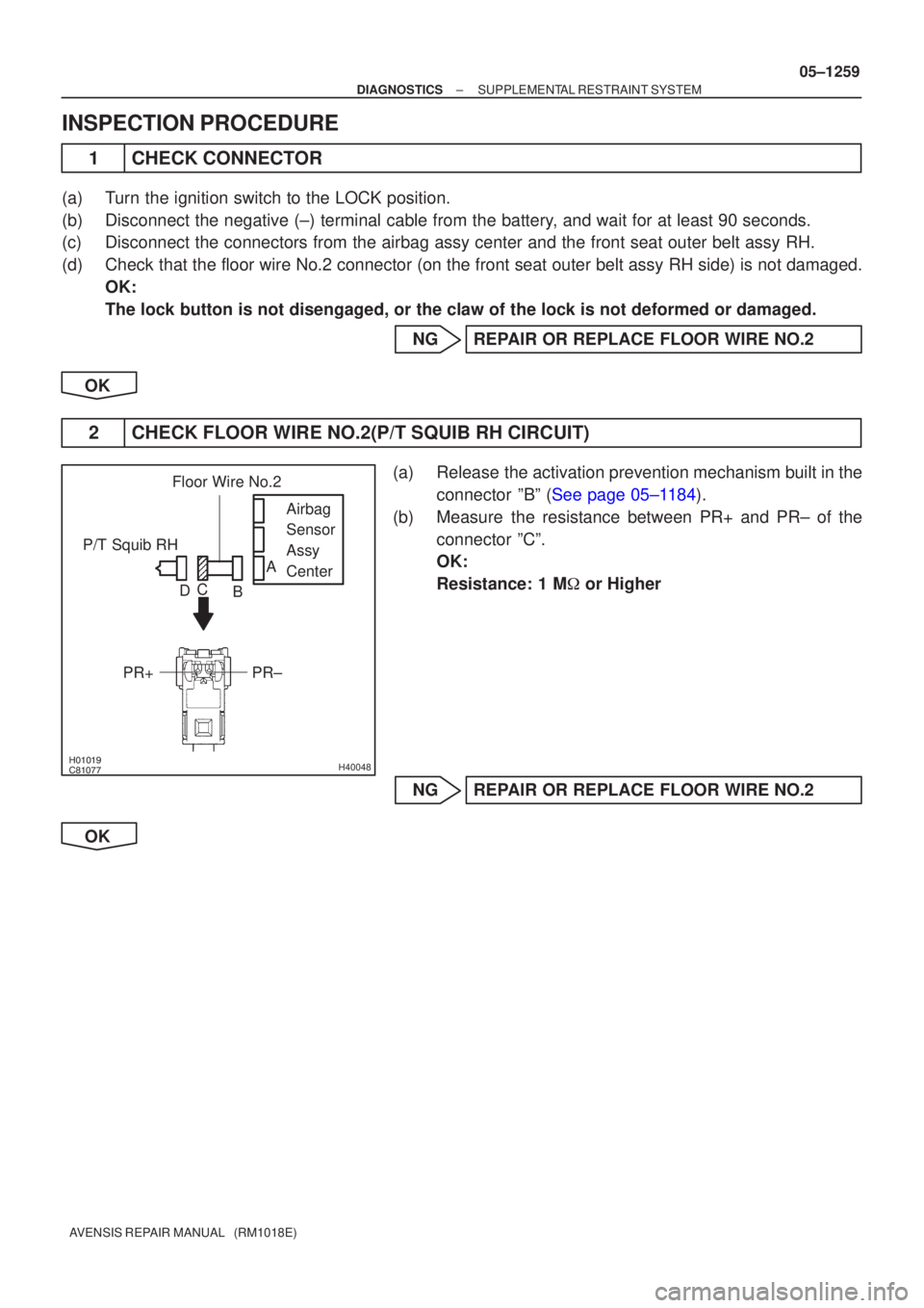 TOYOTA AVENSIS 2005  Service Repair Manual H40048
Airbag
Sensor
Assy
Center
P/T Squib RH
PR±
PR+
Floor Wire No.2
A
B
C
D
±
DIAGNOSTICS SUPPLEMENTAL RESTRAINT SYSTEM
05±1259
AVENSIS REPAIR MANUAL   (RM1018E)
INSPECTION PROCEDURE
