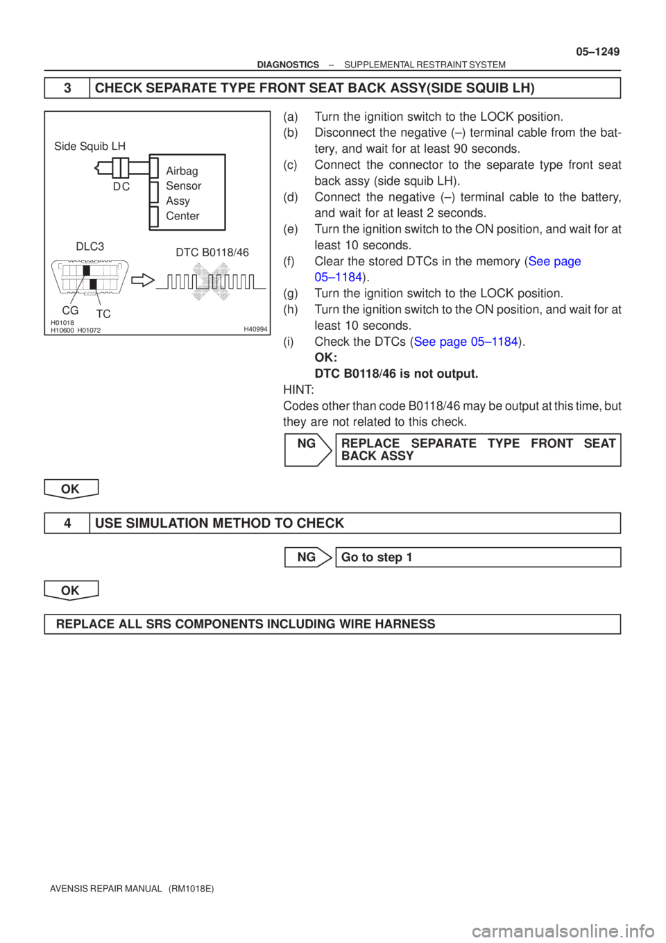TOYOTA AVENSIS 2005  Service Repair Manual 
 H40994
Side Squib LHDTC B0118/46
DLC3
TC
CG Airbag 
Sensor 
Assy
Center
C
D
±
DIAGNOSTICS SUPPLEMENTAL RESTRAINT SYSTEM
05±1249
AVENSIS REPAIR MANUAL   (RM1018E)
3 CHECK SEPARATE