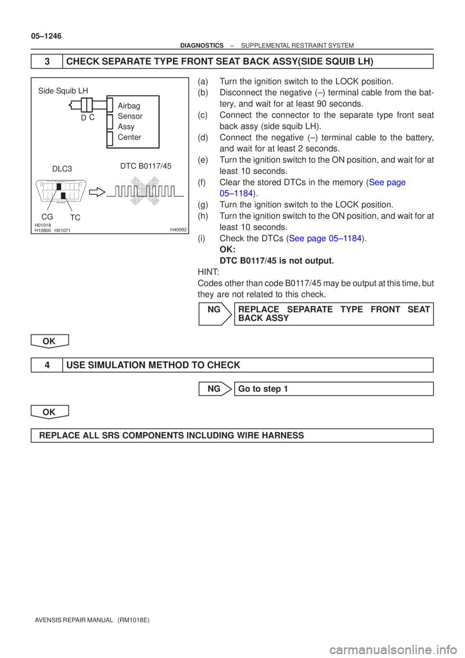 TOYOTA AVENSIS 2005  Service Repair Manual 
 H40992
TC
Side Squib LH
DTC B0117/45
DLC3
CG Airbag 
Sensor 
Assy
Center
C
D
05±1246
±
DIAGNOSTICS SUPPLEMENTAL RESTRAINT SYSTEM
AVENSIS REPAIR MANUAL   (RM1018E)
3 CHECK SEPARAT