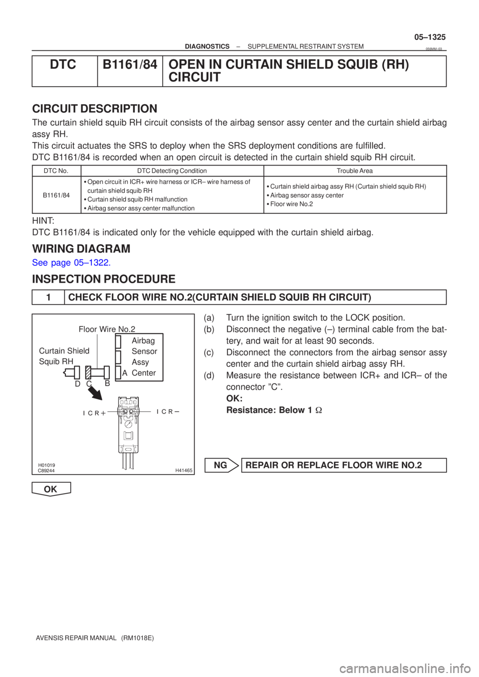 TOYOTA AVENSIS 2005  Service Repair Manual \b



H41465
Curtain Shield 
Squib RH Airbag 
Sensor 
Assy
Center
Floor Wire No.2
A
B
C
D
±
DIAGNOSTICS SUPPLEMENTAL RESTRAINT SYSTEM
05±1325
AVENSIS REPAIR MANUAL   (RM1018E)
DTC