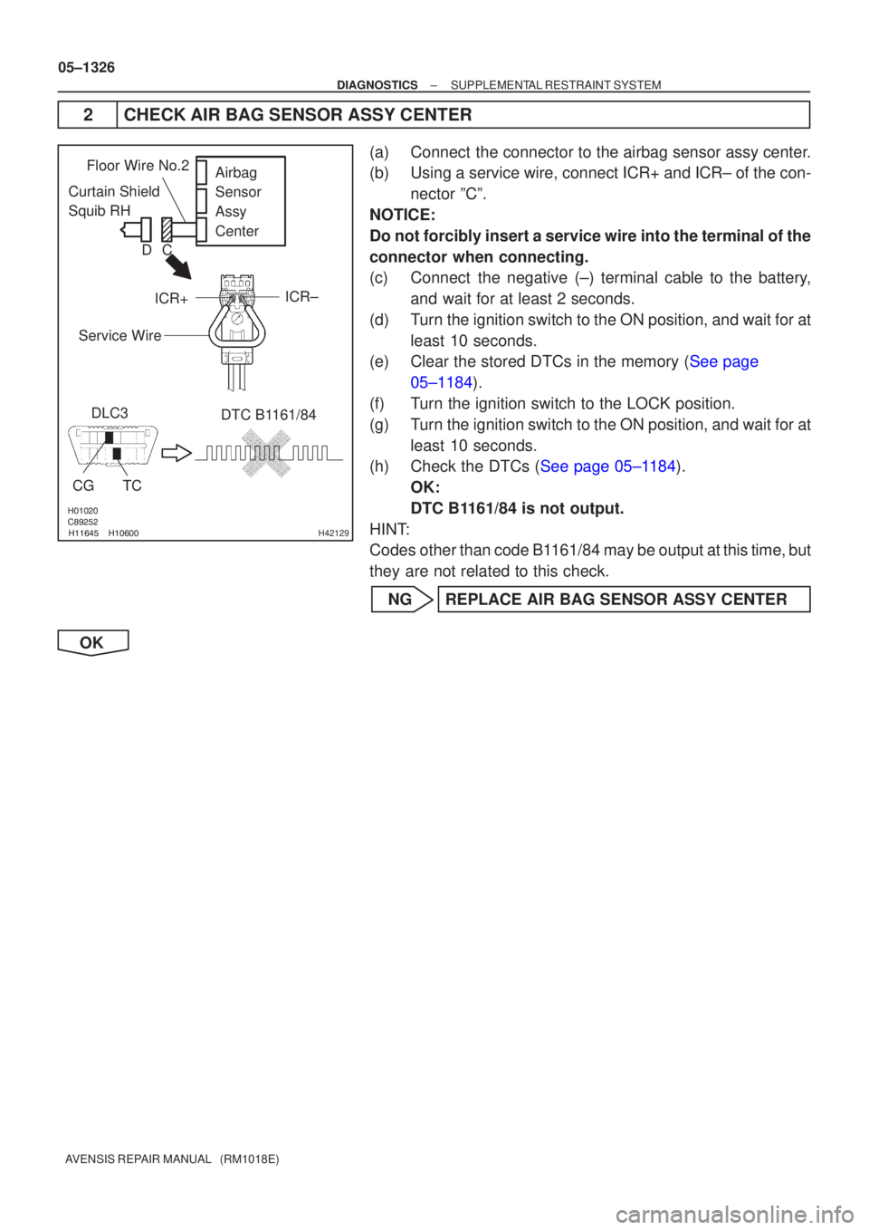 TOYOTA AVENSIS 2005  Service Repair Manual 

	\b


H42129
Curtain Shield 
Squib RHAirbag
Sensor
Assy 
Center
DLC3
CGTC DTC B1161/84
Floor Wire No.2
Service Wire
ICR+
ICR±
C
D
05±1326
±
DIAGNOSTICS SUPPLEMENTAL RESTRAINT S