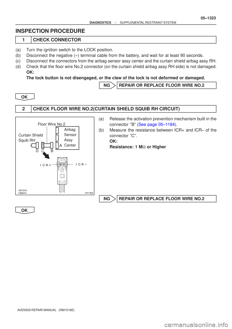 TOYOTA AVENSIS 2005  Service Repair Manual \b



H41465
Curtain Shield 
Squib RH Airbag 
Sensor 
Assy
Center
Floor Wire No.2
A
B
C
D
±
DIAGNOSTICS SUPPLEMENTAL RESTRAINT SYSTEM
05±1323
AVENSIS REPAIR MANUAL   (RM1018E)
INS