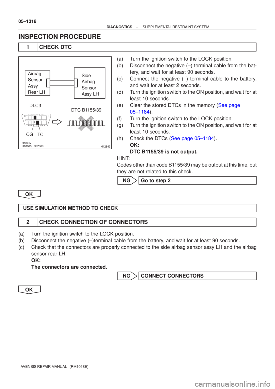 TOYOTA AVENSIS 2005 Service Repair Manual
\b\b\b
H42843
Airbag
Sensor
Assy
Rear LHSide
Airbag
Sensor
Assy LH
DLC3
CG TC
DTC B1155/39
05±1318
±
DIAGNOSTICS SUPPLEMENTAL RESTRAINT SYSTEM
AVENSIS REPAIR MANUAL (RM1018E)
INSPECT TOYOTA AVENSIS 2005 Service Repair Manual
\b\b\b
H42843
Airbag
Sensor
Assy
Rear LHSide
Airbag
Sensor
Assy LH
DLC3
CG TC
DTC B1155/39
05±1318
±
DIAGNOSTICS SUPPLEMENTAL RESTRAINT SYSTEM
AVENSIS REPAIR MANUAL (RM1018E)
INSPECT