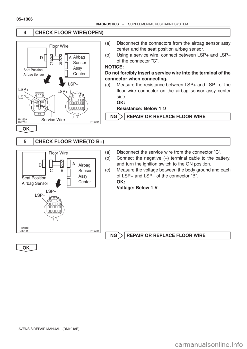 TOYOTA AVENSIS 2005 Service Repair Manual
H43084
Airbag
Sensor
Assy
Center
Seat Position
Airbag Sensor
LSP+LSP±
Floor Wire
A
B C D
LSP+
LSP±
Service Wire
H42231
Airbag
Sensor
Assy
Center
LSP+LSP±
Floor Wire
Seat Po TOYOTA AVENSIS 2005 Service Repair Manual
H43084
Airbag
Sensor
Assy
Center
Seat Position
Airbag Sensor
LSP+LSP±
Floor Wire
A
B C D
LSP+
LSP±
Service Wire
H42231
Airbag
Sensor
Assy
Center
LSP+LSP±
Floor Wire
Seat Po