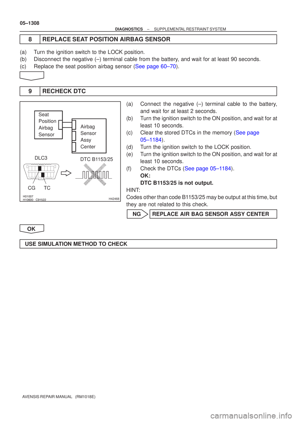 TOYOTA AVENSIS 2005 Service Repair Manual \b H42468
DLC3
CGTC
Airbag
Sensor
Assy
Center
Seat
Position
Airbag
Sensor
DTC B1153/25
05±1308
±
DIAGNOSTICS SUPPLEMENTAL RESTRAINT SYSTEM
AVENSIS REPAIR MANUAL (RM1018E)
8REPLACE TOYOTA AVENSIS 2005 Service Repair Manual \b H42468
DLC3
CGTC
Airbag
Sensor
Assy
Center
Seat
Position
Airbag
Sensor
DTC B1153/25
05±1308
±
DIAGNOSTICS SUPPLEMENTAL RESTRAINT SYSTEM
AVENSIS REPAIR MANUAL (RM1018E)
8REPLACE
