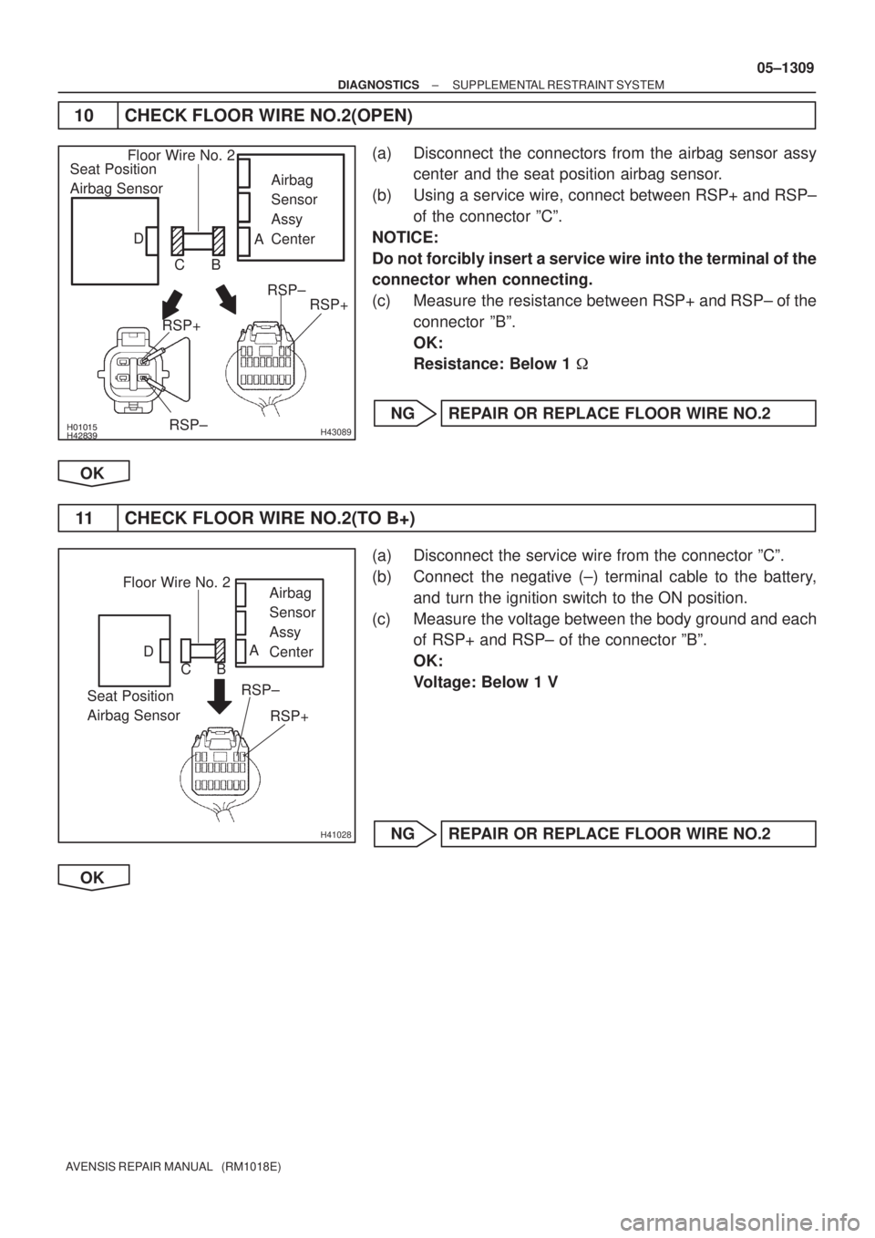 TOYOTA AVENSIS 2005 Service Repair Manual H43089
Airbag
Sensor
Assy
Center Seat Position
Airbag Sensor
RSP±
RSP+
Floor Wire No. 2
A
B C D
RSP± RSP+
H41028
Airbag
Sensor
Assy
Center
Seat Position
Airbag SensorRSP±
RSP+Floor Wire TOYOTA AVENSIS 2005 Service Repair Manual H43089
Airbag
Sensor
Assy
Center Seat Position
Airbag Sensor
RSP±
RSP+
Floor Wire No. 2
A
B C D
RSP± RSP+
H41028
Airbag
Sensor
Assy
Center
Seat Position
Airbag SensorRSP±
RSP+Floor Wire
