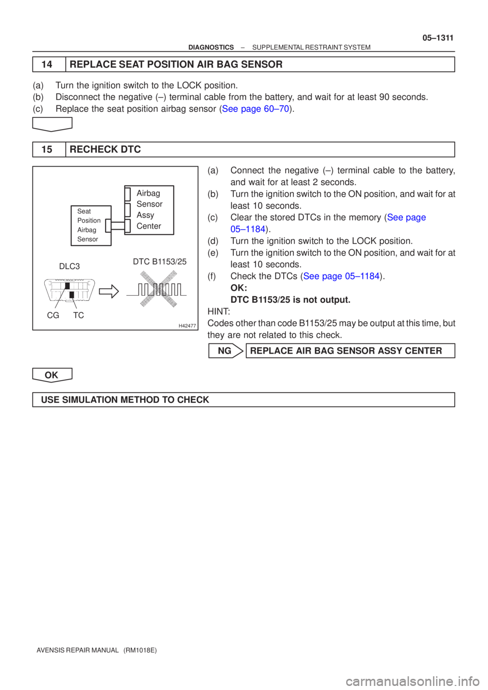 TOYOTA AVENSIS 2005 Service Repair Manual H42477
DLC3
CGTC DTC B1153/25
Airbag
Sensor
Assy
Center
Seat
Position
Airbag
Sensor
±
DIAGNOSTICS SUPPLEMENTAL RESTRAINT SYSTEM
05±1311
AVENSIS REPAIR MANUAL (RM1018E)
14REPLACE SEAT POSITION AIR TOYOTA AVENSIS 2005 Service Repair Manual H42477
DLC3
CGTC DTC B1153/25
Airbag
Sensor
Assy
Center
Seat
Position
Airbag
Sensor
±
DIAGNOSTICS SUPPLEMENTAL RESTRAINT SYSTEM
05±1311
AVENSIS REPAIR MANUAL (RM1018E)
14REPLACE SEAT POSITION AIR