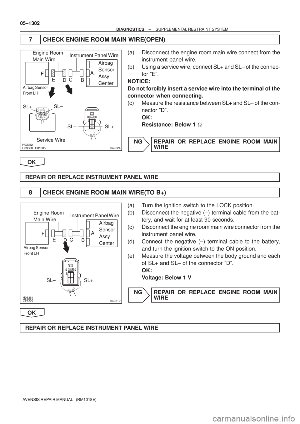 TOYOTA AVENSIS 2005 Service Repair Manual
H42524
Engine Room
Main Wire
SL± SL+
Service Wire
Airbag
Sensor
Assy
Center
Airbag Sensor
Front LH
A
B C
D E FInstrument Panel Wire
SL±
SL+
H42512
Engine Room
Main W TOYOTA AVENSIS 2005 Service Repair Manual
H42524
Engine Room
Main Wire
SL± SL+
Service Wire
Airbag
Sensor
Assy
Center
Airbag Sensor
Front LH
A
B C
D E FInstrument Panel Wire
SL±
SL+
H42512
Engine Room
Main W
