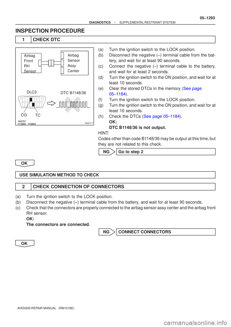 TOYOTA AVENSIS 2005 Service Repair Manual
\b\b
\b\b
H42117
Airbag
Front
RH
SensorAirbag
Sensor
Assy
Center
DLC3
CG TC DTC B1148/36
±
DIAGNOSTICS SUPPLEMENTAL RESTRAINT SYSTEM
05±1293
AVENSIS REPAIR MANUAL TOYOTA AVENSIS 2005 Service Repair Manual
\b\b
\b\b
H42117
Airbag
Front
RH
SensorAirbag
Sensor
Assy
Center
DLC3
CG TC DTC B1148/36
±
DIAGNOSTICS SUPPLEMENTAL RESTRAINT SYSTEM
05±1293
AVENSIS REPAIR MANUAL