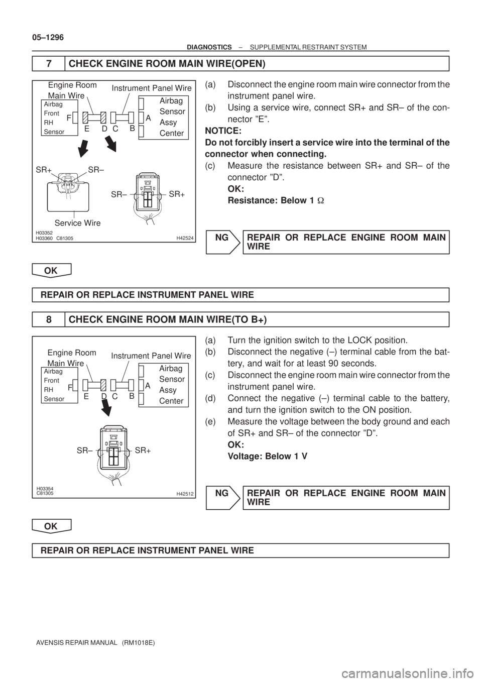 TOYOTA AVENSIS 2005 Service Repair Manual
H42524
Engine Room
Main Wire
Airbag
Sensor
Assy
CenterAirbag
Front
RH
Sensor
Instrument Panel Wire
SR±SR+
Service Wire
A
B
C D E F
SR± SR+
H42512
Engine Room
Main W TOYOTA AVENSIS 2005 Service Repair Manual
H42524
Engine Room
Main Wire
Airbag
Sensor
Assy
CenterAirbag
Front
RH
Sensor
Instrument Panel Wire
SR±SR+
Service Wire
A
B
C D E F
SR± SR+
H42512
Engine Room
Main W