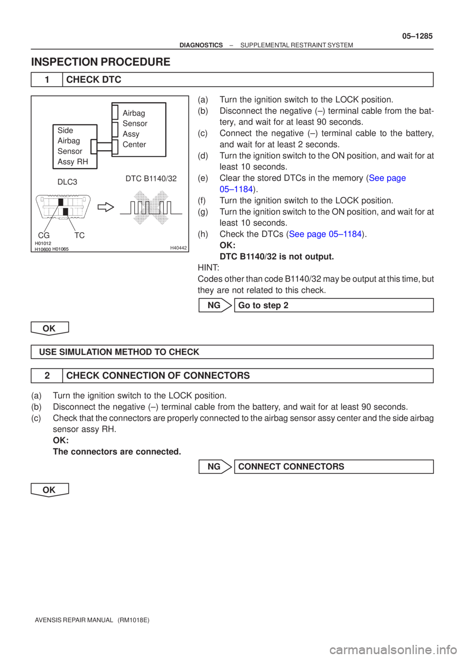 TOYOTA AVENSIS 2005 Service Repair Manual
H40442
Side
Airbag
Sensor
Assy RH Airbag
Sensor
Assy
Center
DLC3
CGTC
DTC B1140/32
±
DIAGNOSTICS SUPPLEMENTAL RESTRAINT SYSTEM
05±1285
AVENSIS REPAIR MANUAL TOYOTA AVENSIS 2005 Service Repair Manual
H40442
Side
Airbag
Sensor
Assy RH Airbag
Sensor
Assy
Center
DLC3
CGTC
DTC B1140/32
±
DIAGNOSTICS SUPPLEMENTAL RESTRAINT SYSTEM
05±1285
AVENSIS REPAIR MANUAL