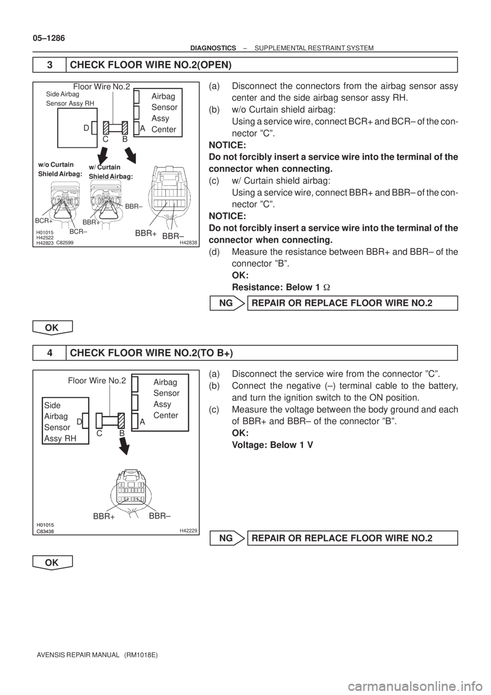 TOYOTA AVENSIS 2005 Service Repair Manual
H42838
Airbag
Sensor
Assy
Center Floor Wire No.2
BBR+
BBR±Side Airbag
Sensor Assy RH
w/o Curtain
Shield Airbag:w/ Curtain
Shield Airbag:
BBR+BBR±
BCR+
BCR±
A
B C D
TOYOTA AVENSIS 2005 Service Repair Manual
H42838
Airbag
Sensor
Assy
Center Floor Wire No.2
BBR+
BBR±Side Airbag
Sensor Assy RH
w/o Curtain
Shield Airbag:w/ Curtain
Shield Airbag:
BBR+BBR±
BCR+
BCR±
A
B C D

