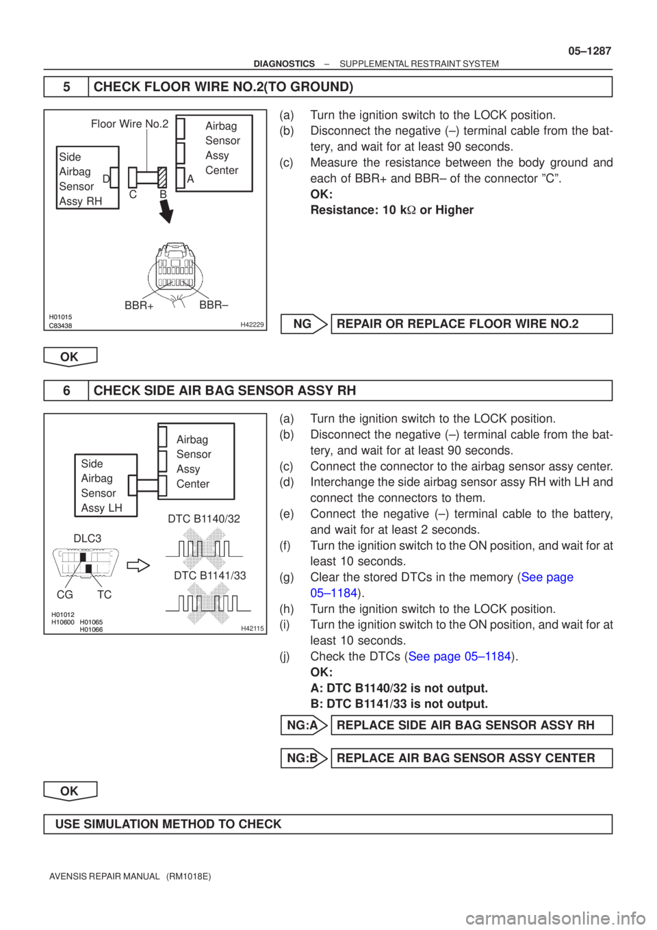 TOYOTA AVENSIS 2005 Service Repair Manual
\b\b
\b\bH42229
Side
Airbag
Sensor
Assy RHAirbag
Sensor
Assy
Center
BBR±
BBR+
Floor Wire No.2
A
B
C
D
H42115
Airbag
Sensor
Assy TOYOTA AVENSIS 2005 Service Repair Manual
\b\b
\b\bH42229
Side
Airbag
Sensor
Assy RHAirbag
Sensor
Assy
Center
BBR±
BBR+
Floor Wire No.2
A
B
C
D
H42115
Airbag
Sensor
Assy