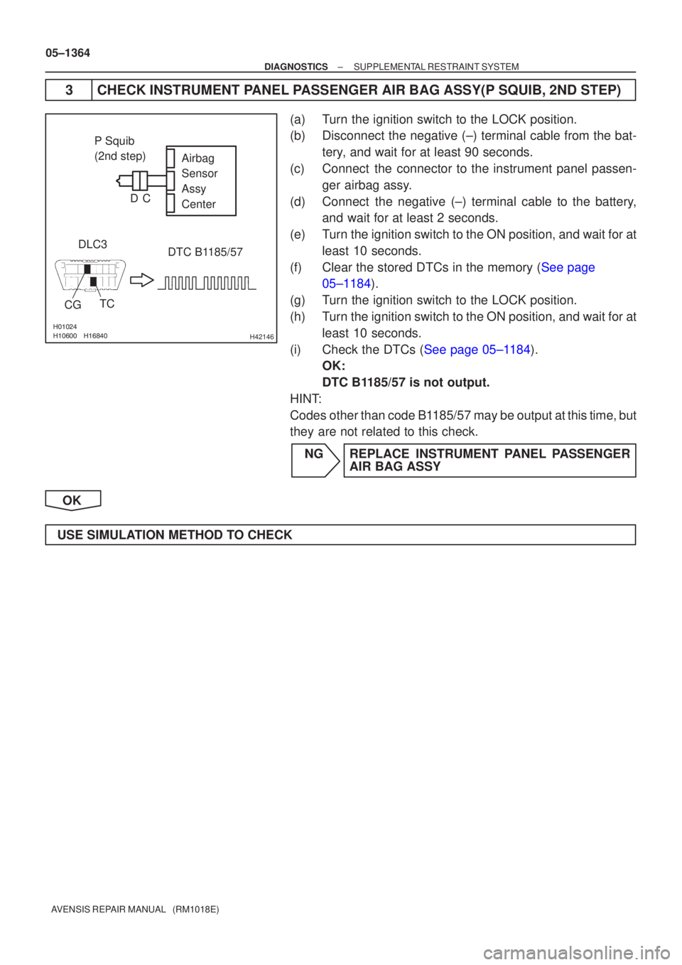 TOYOTA AVENSIS 2005 Service Repair Manual H42146
P Squib
(2nd step)Airbag
Sensor
Assy
Center
DTC B1185/57
TC
CG
DLC3 C
D
05±1364
±
DIAGNOSTICS SUPPLEMENTAL RESTRAINT SYSTEM
AVENSIS REPAIR MANUAL (RM1018E)
3CHECK INSTRUME TOYOTA AVENSIS 2005 Service Repair Manual H42146
P Squib
(2nd step)Airbag
Sensor
Assy
Center
DTC B1185/57
TC
CG
DLC3 C
D
05±1364
±
DIAGNOSTICS SUPPLEMENTAL RESTRAINT SYSTEM
AVENSIS REPAIR MANUAL (RM1018E)
3CHECK INSTRUME