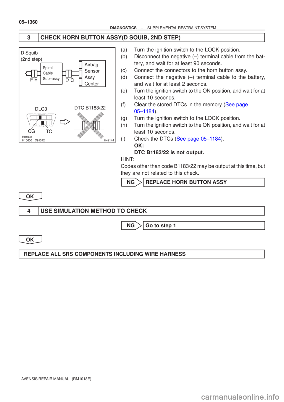 TOYOTA AVENSIS 2005 Service Repair Manual \bH42144
Airbag
Sensor
Assy
CenterSpiral
Cable
Sub±assy
DLC3
CG TC DTC B1183/22
D Squib
(2nd step)
C
D
E
F
05±1360
±
DIAGNOSTICS SUPPLEMENTAL RESTRAINT SYSTEM
AVENSIS REPAIR MANUAL TOYOTA AVENSIS 2005 Service Repair Manual \bH42144
Airbag
Sensor
Assy
CenterSpiral
Cable
Sub±assy
DLC3
CG TC DTC B1183/22
D Squib
(2nd step)
C
D
E
F
05±1360
±
DIAGNOSTICS SUPPLEMENTAL RESTRAINT SYSTEM
AVENSIS REPAIR MANUAL