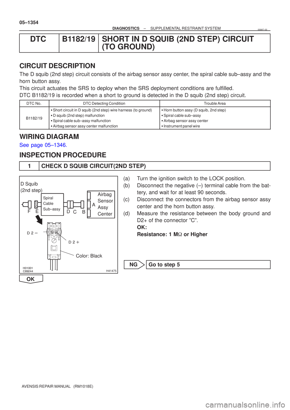 TOYOTA AVENSIS 2005  Service Repair Manual \b


H41475
D Squib
(2nd step)
Airbag
Sensor
Assy
Center
Spiral
Cable
Sub±assy
Color: Black
A
B
C
D
E
F
05±1354
±
DIAGNOSTICS SUPPLEMENTAL RESTRAINT SYSTEM
AVENSIS REPAIR MANUAL   