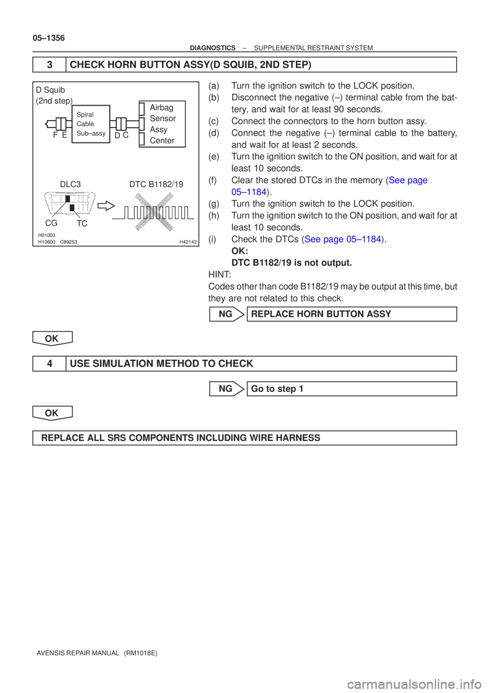 TOYOTA AVENSIS 2005 Service Repair Manual
\bH42142
Airbag
Sensor
Assy
CenterSpiral
Cable
Sub±assy
DLC3
CG TC DTC B1182/19
D Squib
(2nd step)
C
D
E
F
05±1356
±
DIAGNOSTICS SUPPLEMENTAL RESTRAINT SYSTEM
AVENSIS REPAIR MANUAL TOYOTA AVENSIS 2005 Service Repair Manual
\bH42142
Airbag
Sensor
Assy
CenterSpiral
Cable
Sub±assy
DLC3
CG TC DTC B1182/19
D Squib
(2nd step)
C
D
E
F
05±1356
±
DIAGNOSTICS SUPPLEMENTAL RESTRAINT SYSTEM
AVENSIS REPAIR MANUAL