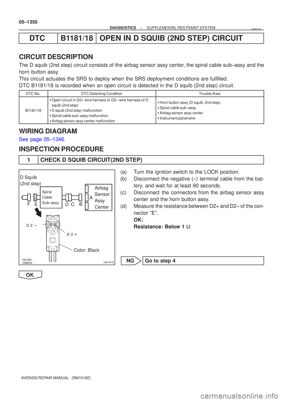 TOYOTA AVENSIS 2005  Service Repair Manual \b


H41475
D Squib
(2nd step)
Airbag
Sensor
Assy
Center
Spiral
Cable
Sub±assy
Color: Black
A
B
C
D
E
F
05±1350
±
DIAGNOSTICS SUPPLEMENTAL RESTRAINT SYSTEM
AVENSIS REPAIR MANUAL   