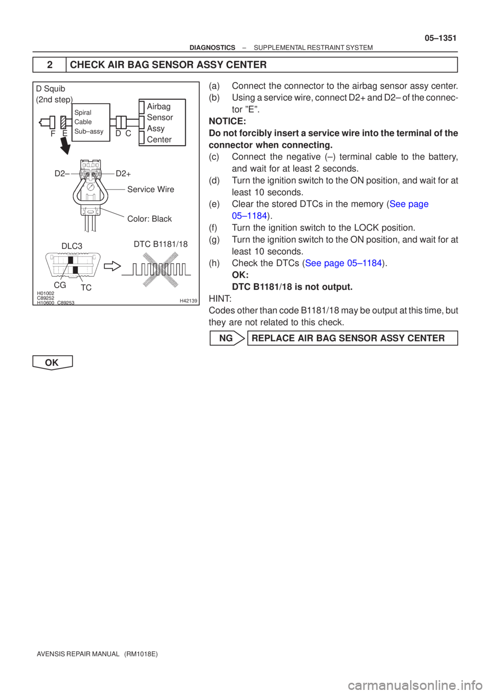 TOYOTA AVENSIS 2005  Service Repair Manual 


	\b	\bH42139
Airbag
Sensor
Assy
CenterSpiral
Cable
Sub±assy
Color: Black
DLC3
CG TC DTC B1181/18
Service Wire
D2+D2±
D Squib
(2nd step)
C
D
E
F
±
DIAGNOSTICS SUPPLEMENTAL RESTR