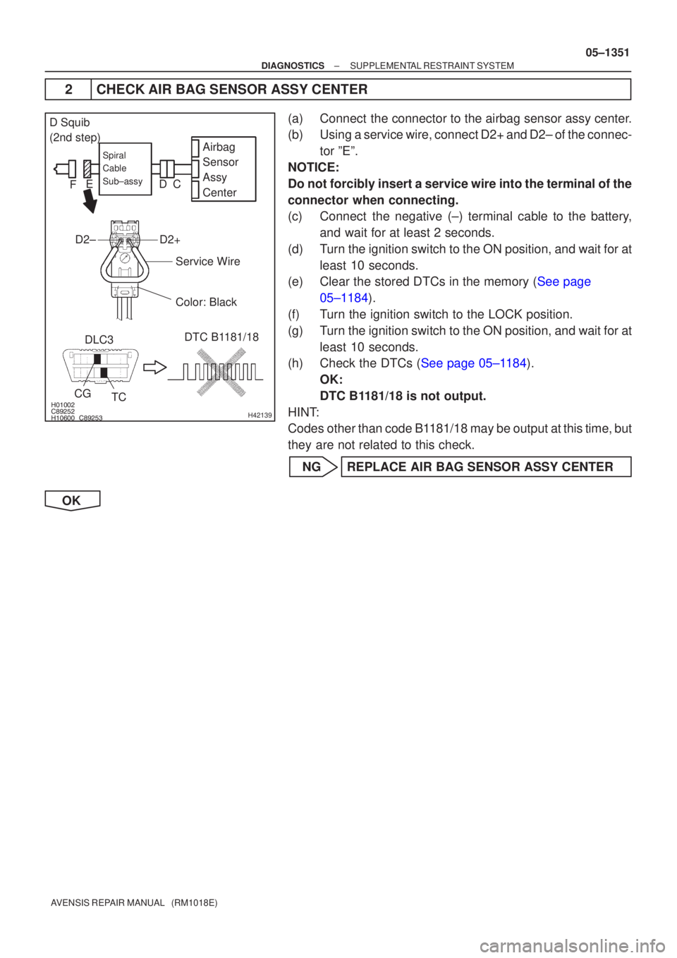 TOYOTA AVENSIS 2005 Service Repair Manual
\b \bH42139
Airbag
Sensor
Assy
CenterSpiral
Cable
Sub±assy
Color: Black
DLC3
CG TC DTC B1181/18
Service Wire
D2+D2±
D Squib
(2nd step)
C
D
E
F
±
DIAGNOSTICS SUPPLEMENTAL RESTR TOYOTA AVENSIS 2005 Service Repair Manual
\b \bH42139
Airbag
Sensor
Assy
CenterSpiral
Cable
Sub±assy
Color: Black
DLC3
CG TC DTC B1181/18
Service Wire
D2+D2±
D Squib
(2nd step)
C
D
E
F
±
DIAGNOSTICS SUPPLEMENTAL RESTR