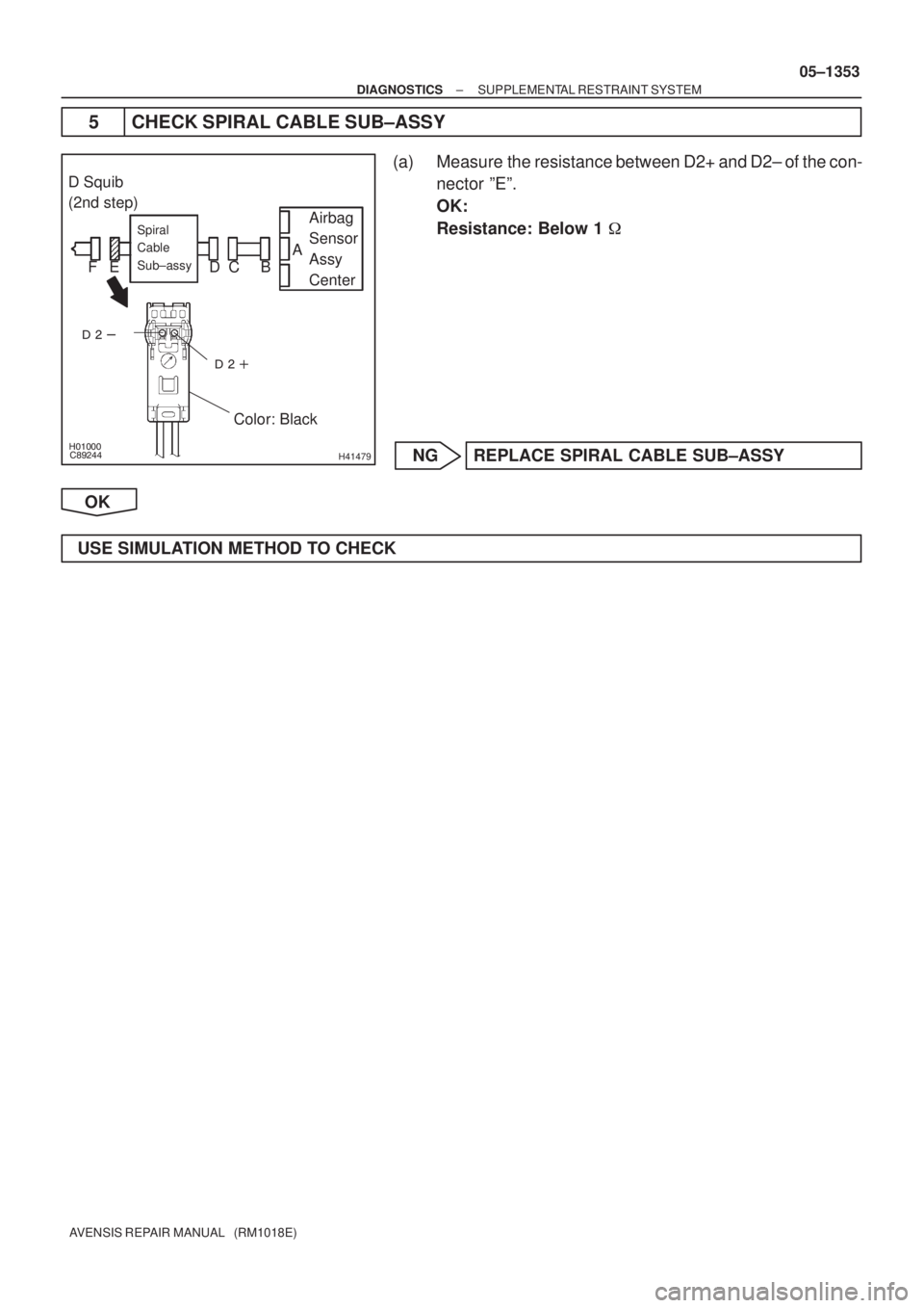 TOYOTA AVENSIS 2005  Service Repair Manual 

 
H41479
Airbag
Sensor
Assy
CenterSpiral
Cable
Sub±assy
Color: Black
D Squib
(2nd step)
C D E FBA
± DIAGNOSTICSSUPPLEMENTAL RESTRAINT SYSTEM
05±1353
AVENSIS REPAIR MANUAL   (RM1