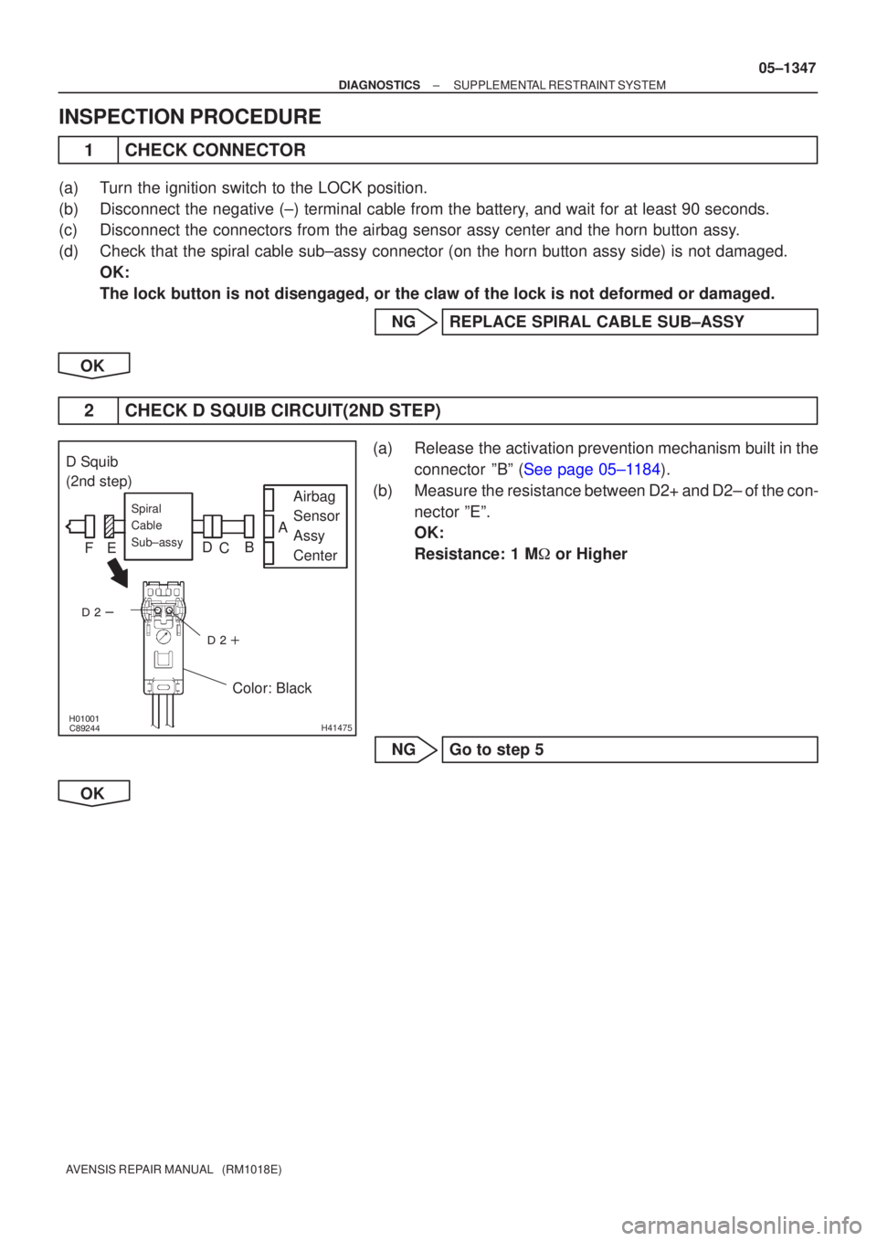 TOYOTA AVENSIS 2005  Service Repair Manual \b


H41475
D Squib
(2nd step)
Airbag
Sensor
Assy
Center
Spiral 
Cable 
Sub±assy
Color: Black
A
B
C
D
E
F
±
DIAGNOSTICS SUPPLEMENTAL RESTRAINT SYSTEM
05±1347
AVENSIS REPAIR MANUAL 