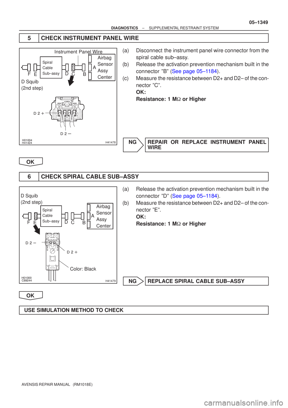 TOYOTA AVENSIS 2005  Service Repair Manual 

\b
\bH41478
Airbag
Sensor
Assy
CenterSpiral
Cable
Sub±assy
Instrument Panel Wire
D Squib
(2nd step) A
B
C
D
E
F
\b



H41479
Airbag
Sensor
Assy
CenterSpiral
Cable
S