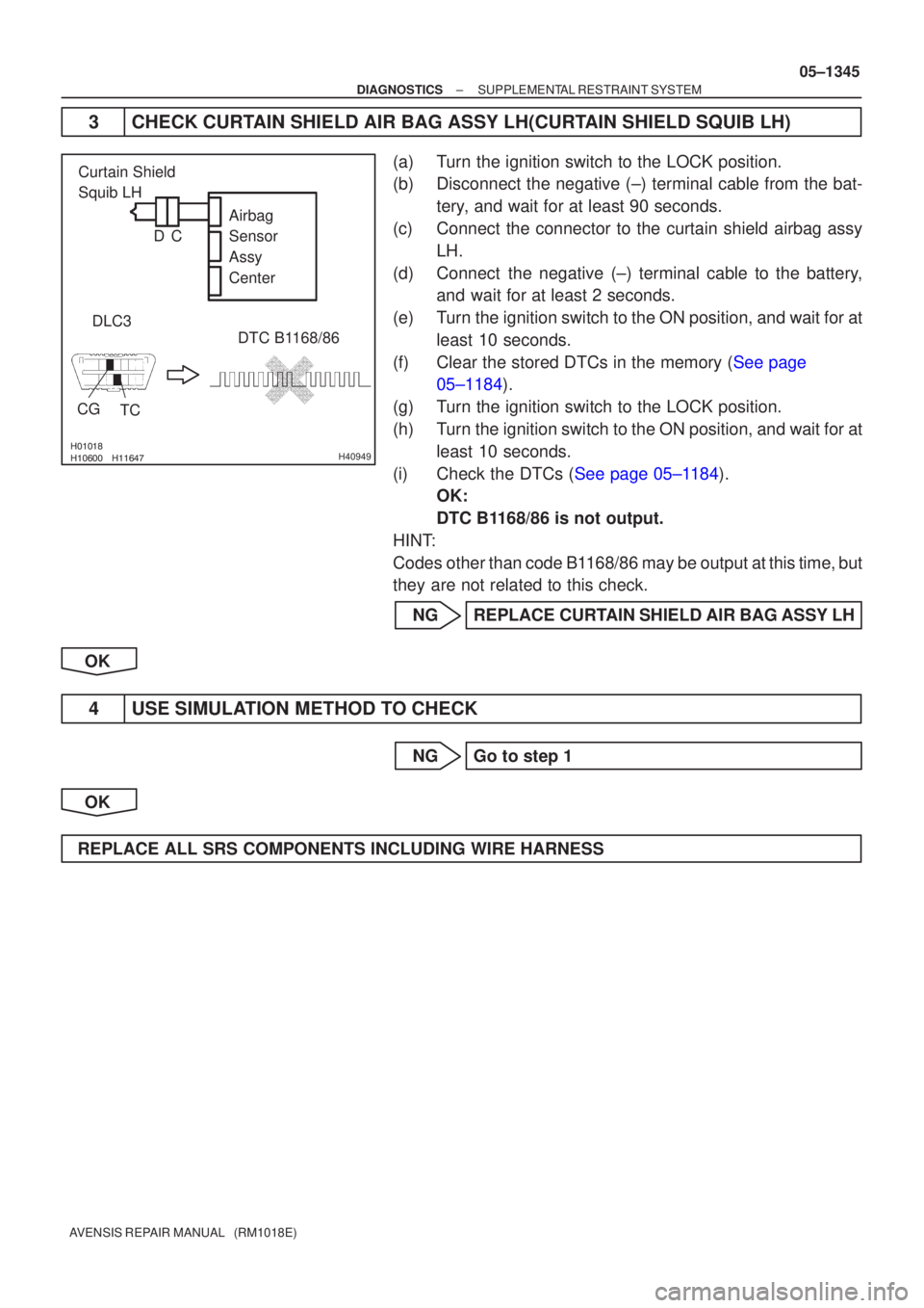 TOYOTA AVENSIS 2005  Service Repair Manual 
H40949
Airbag 
Sensor 
Assy 
Center
CG DLC3
TC DTC B1168/86
Curtain Shield 
Squib LH
C
D
±
DIAGNOSTICS SUPPLEMENTAL RESTRAINT SYSTEM
05±1345
AVENSIS REPAIR MANUAL   (RM1018E)
3CHE