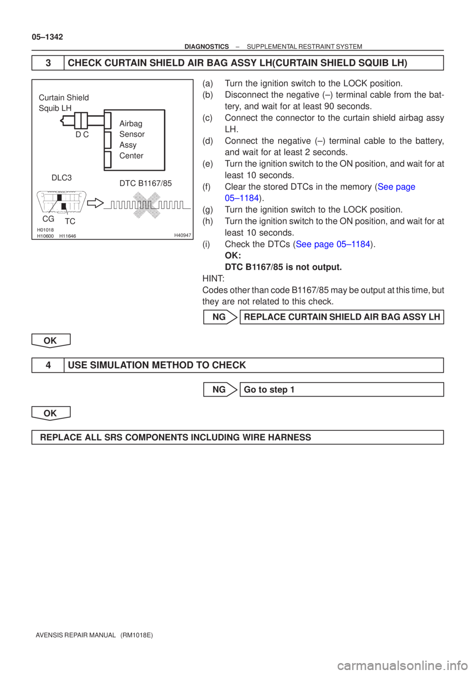 TOYOTA AVENSIS 2005 Service Repair Manual
H40947
Curtain Shield
Squib LHAirbag
Sensor
Assy
Center
CG DLC3
TC DTC B1167/85
C
D
05±1342
±
DIAGNOSTICS SUPPLEMENTAL RESTRAINT SYSTEM
AVENSIS REPAIR MANUAL (RM1018E)
3CHECK TOYOTA AVENSIS 2005 Service Repair Manual
H40947
Curtain Shield
Squib LHAirbag
Sensor
Assy
Center
CG DLC3
TC DTC B1167/85
C
D
05±1342
±
DIAGNOSTICS SUPPLEMENTAL RESTRAINT SYSTEM
AVENSIS REPAIR MANUAL (RM1018E)
3CHECK