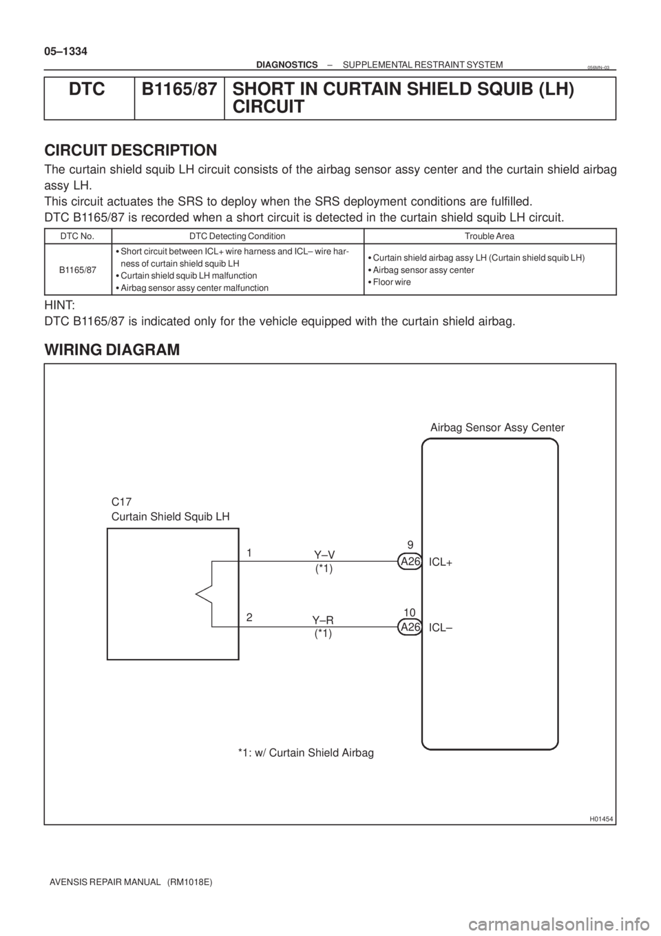 TOYOTA AVENSIS 2005 Service Repair Manual H01454
C17
Curtain Shield Squib LHAirbag Sensor Assy Center
1
2Y±V
Y±RA26
A269
10ICL+
ICL± (*1)
(*1)
*1: w/ Curtain Shield Airbag 05±1334
± DIAGNOSTICSSUPPLEMENTAL RESTRAINT SYSTEM
AVENSIS REPAIR TOYOTA AVENSIS 2005 Service Repair Manual H01454
C17
Curtain Shield Squib LHAirbag Sensor Assy Center
1
2Y±V
Y±RA26
A269
10ICL+
ICL± (*1)
(*1)
*1: w/ Curtain Shield Airbag 05±1334
± DIAGNOSTICSSUPPLEMENTAL RESTRAINT SYSTEM
AVENSIS REPAIR