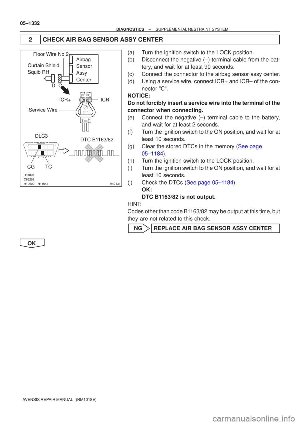 TOYOTA AVENSIS 2005  Service Repair Manual 
\b	
H42131
Curtain Shield 
Squib RH Airbag
Sensor
Assy 
Center
DLC3
CG TC DTC B1163/82
Floor Wire No.2
Service Wire
ICR+ ICR±
C
D
05±1332
±
DIAGNOSTICS SUPPLEMENTAL RESTRAINT 