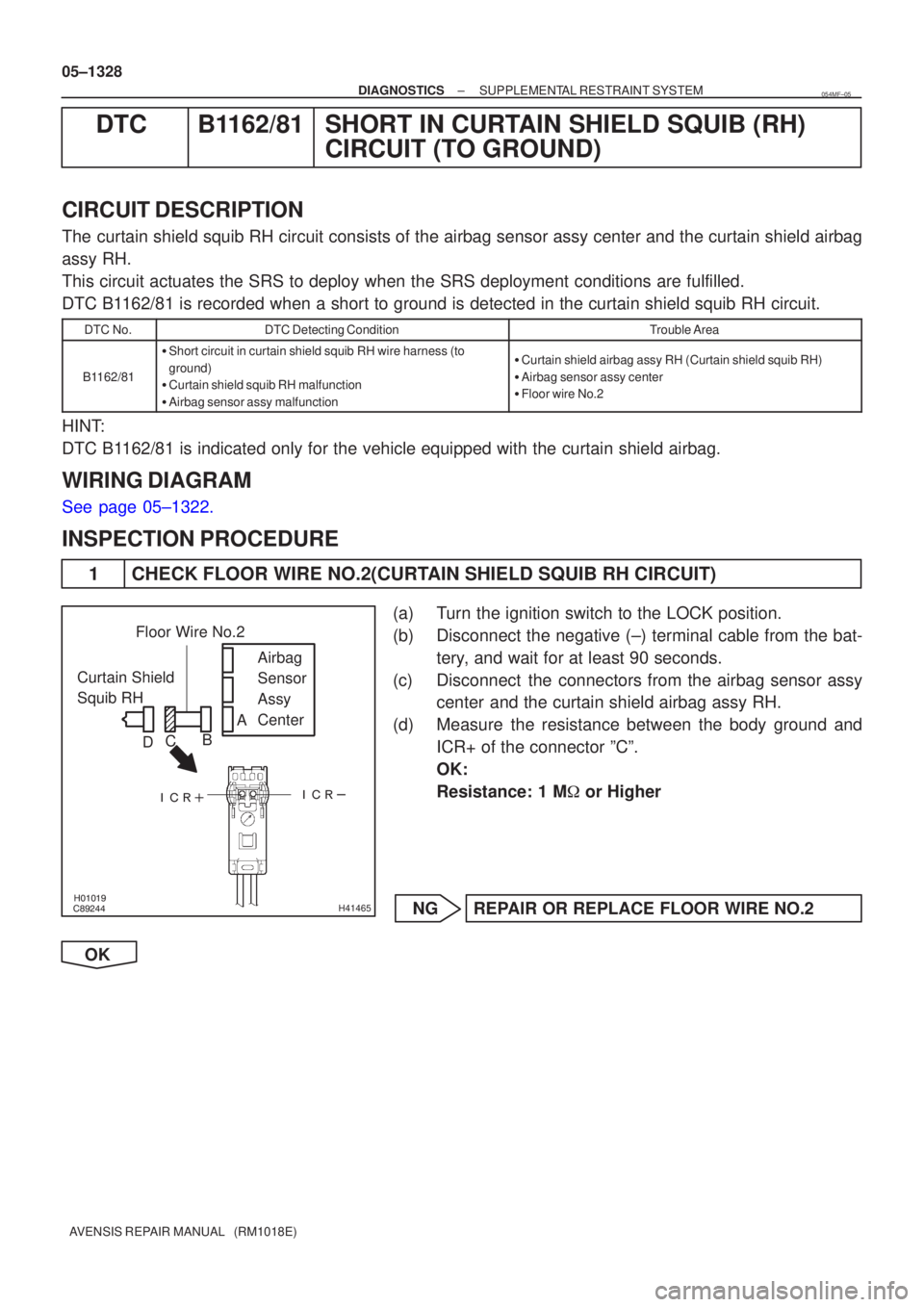 TOYOTA AVENSIS 2005  Service Repair Manual \b



H41465
Curtain Shield 
Squib RH Airbag 
Sensor 
Assy
Center
Floor Wire No.2
A
B
C
D
05±1328
±
DIAGNOSTICS SUPPLEMENTAL RESTRAINT SYSTEM
AVENSIS REPAIR MANUAL   (RM1018E)
DTC