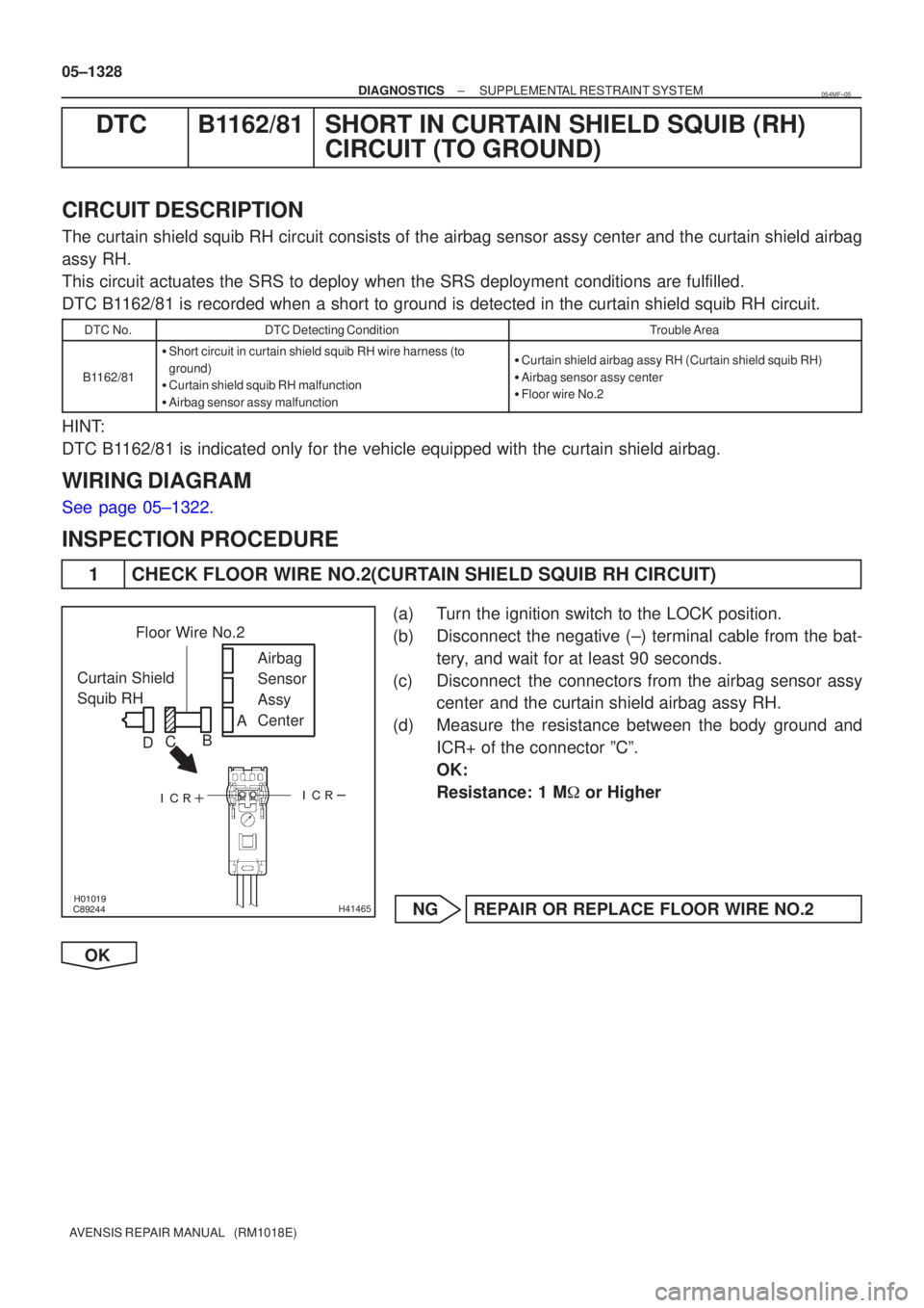 TOYOTA AVENSIS 2005 Service Repair Manual \b
H41465
Curtain Shield
Squib RH Airbag
Sensor
Assy
Center
Floor Wire No.2
A
B
C
D
05±1328
±
DIAGNOSTICS SUPPLEMENTAL RESTRAINT SYSTEM
AVENSIS REPAIR MANUAL (RM1018E)
DTC TOYOTA AVENSIS 2005 Service Repair Manual \b
H41465
Curtain Shield
Squib RH Airbag
Sensor
Assy
Center
Floor Wire No.2
A
B
C
D
05±1328
±
DIAGNOSTICS SUPPLEMENTAL RESTRAINT SYSTEM
AVENSIS REPAIR MANUAL (RM1018E)
DTC