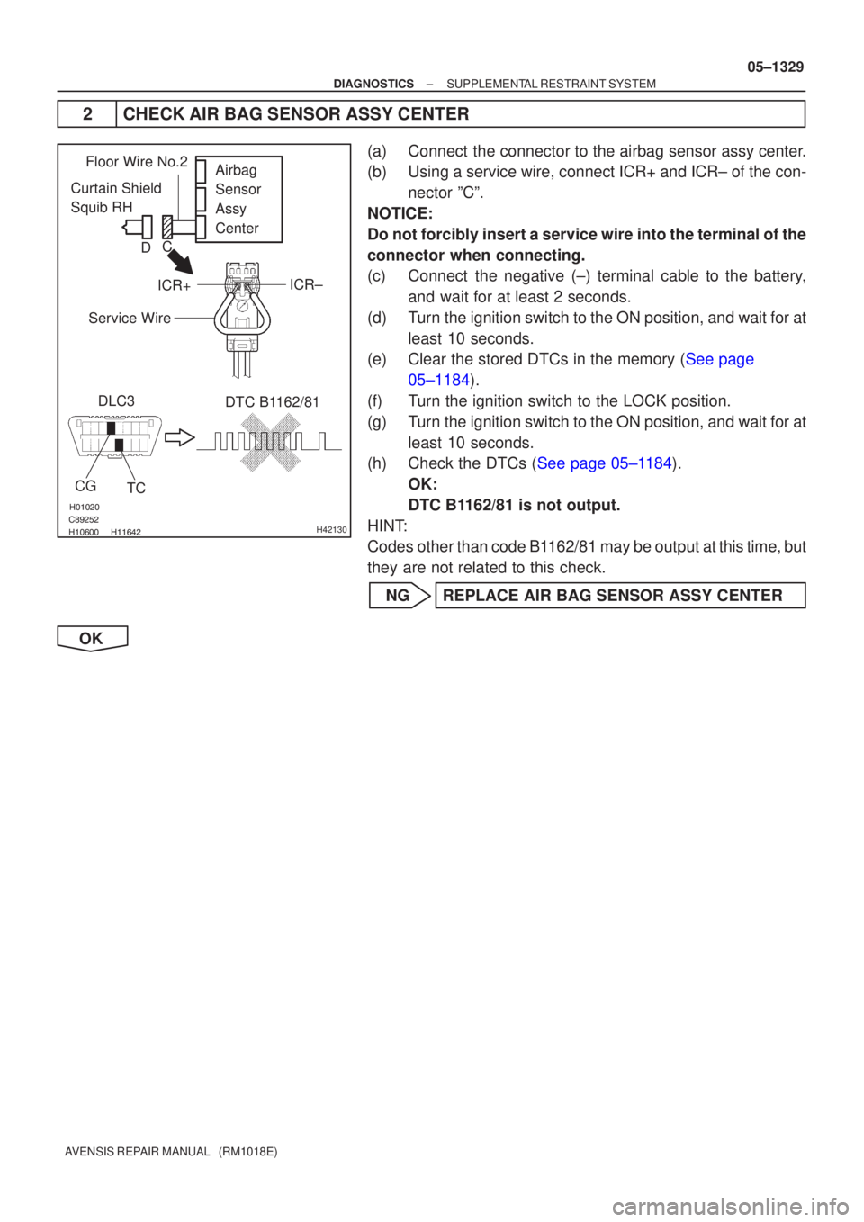 TOYOTA AVENSIS 2005  Service Repair Manual 

	\b


H42130
Curtain Shield 
Squib RH Airbag
Sensor
Assy 
Center
DLC3
CG TC DTC B1162/81
Floor Wire No.2
Service Wire
ICR+
ICR±
C
D
±
DIAGNOSTICS SUPPLEMENTAL RESTRAINT SYSTEM
0