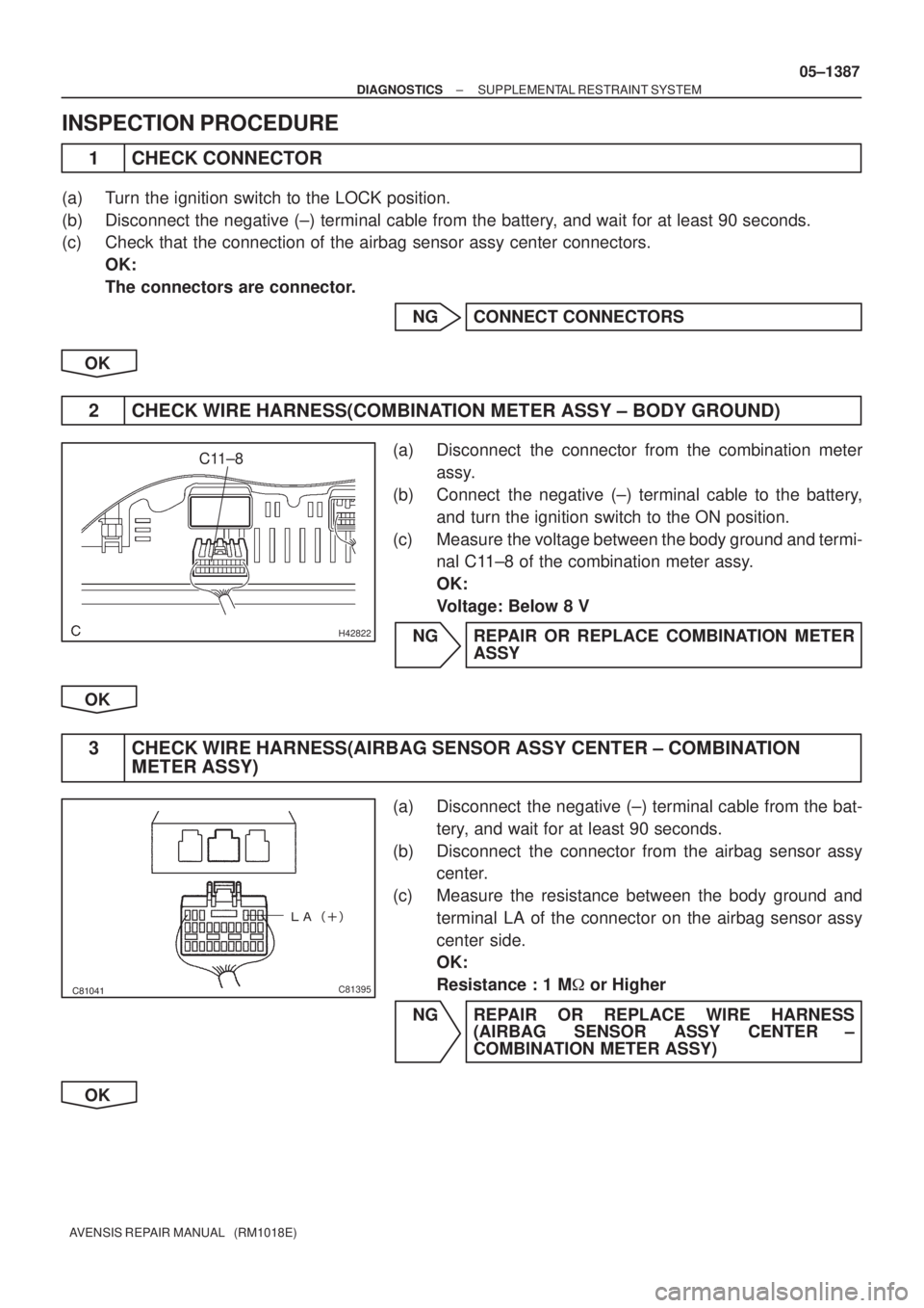TOYOTA AVENSIS 2005 Service Repair Manual H42822
C11±8
C81395
± DIAGNOSTICSSUPPLEMENTAL RESTRAINT SYSTEM
05±1387
AVENSIS REPAIR MANUAL (RM1018E)
INSPECTION PROCEDURE
1 CHECK CONNECTOR
(a) Turn the ignition switch to the LOCK TOYOTA AVENSIS 2005 Service Repair Manual H42822
C11±8
C81395
± DIAGNOSTICSSUPPLEMENTAL RESTRAINT SYSTEM
05±1387
AVENSIS REPAIR MANUAL (RM1018E)
INSPECTION PROCEDURE
1 CHECK CONNECTOR
(a) Turn the ignition switch to the LOCK