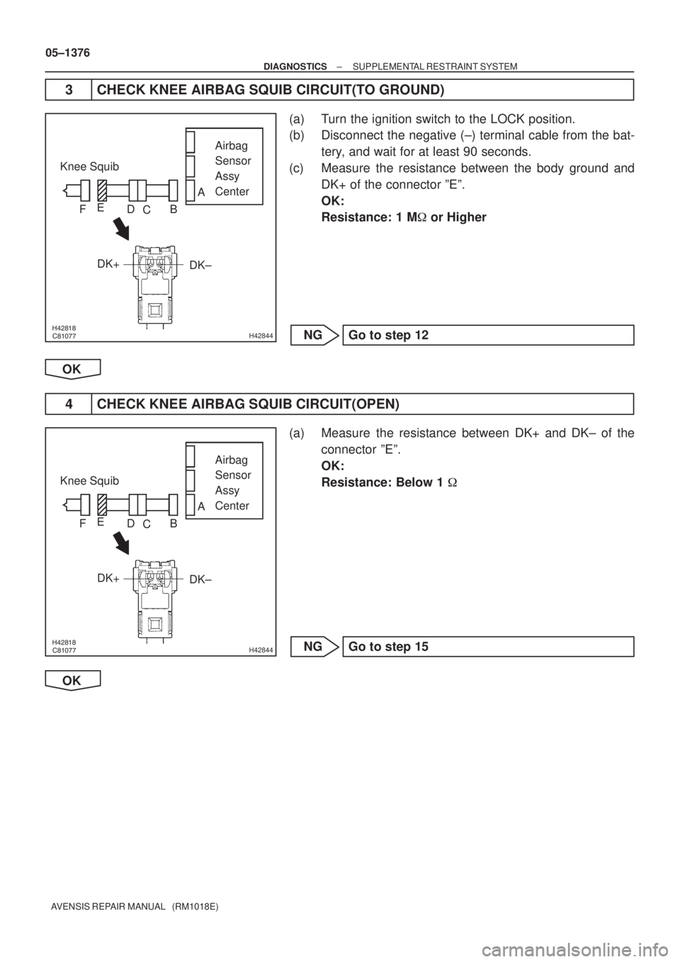 TOYOTA AVENSIS 2005  Service Repair Manual H42844
Airbag
Sensor 
Assy 
Center Knee Squib
DK± DK+
A
B
C D E
F
H42844
Airbag
Sensor 
Assy 
Center Knee Squib
DK± DK+
A
B
C D E
F
05±1376
± DIAGNOSTICSSUPPLEMENTAL RESTRA