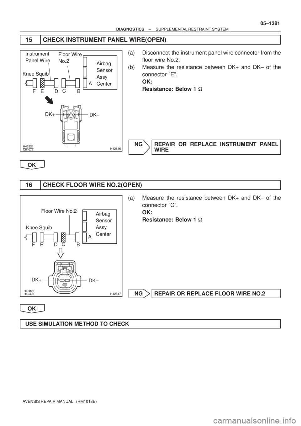 TOYOTA AVENSIS 2005  Service Repair Manual 	H42846
Airbag
Sensor 
Assy 
Center Knee Squib
DK± DK+Floor Wire
No.2 Instrument
Panel Wire
A
B C
D E F
		H42847
Airbag
Sensor 
Assy 
Center Knee Squib
DK± DK+Floor Wire No.2
A
