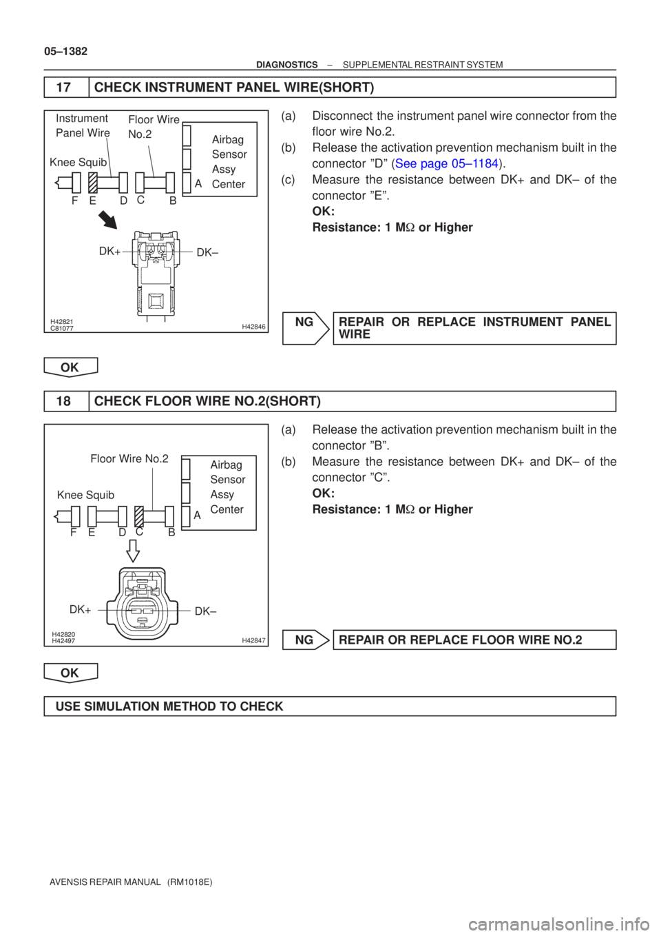 TOYOTA AVENSIS 2005  Service Repair Manual 	\bH42846
Airbag
Sensor 
Assy 
Center
Knee Squib
DK±
DK+ Floor Wire
No.2
Instrument
Panel Wire
A
B
C
D
E
F
		H42847
Airbag
Sensor 
Assy 
Center
Knee Squib
DK±
DK+ Floor Wire No.2