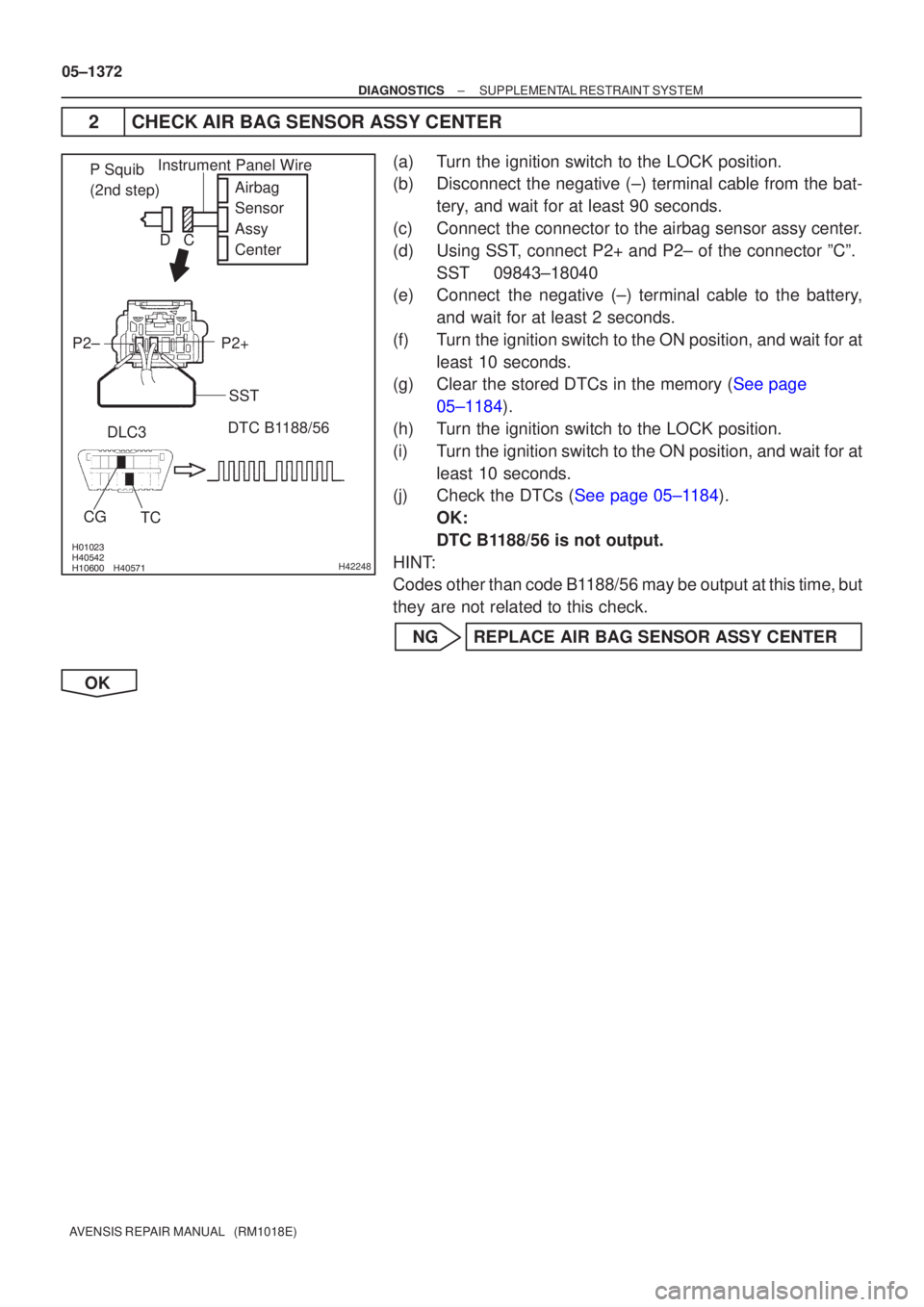 TOYOTA AVENSIS 2005  Service Repair Manual 				\bH42248
Airbag
Sensor
Assy
Center
P2+
P2±
DTC B1188/56
DLC3
TC
CG
P Squib
(2nd step)Instrument Panel Wire
SST
C
D
05±1372
±
DIAGNOSTICS SUPPLEMENTAL RESTRAINT SYSTEM
AVENSIS