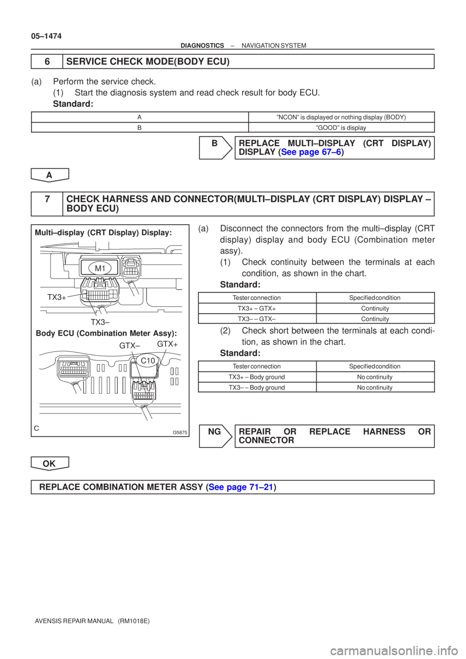 TOYOTA AVENSIS 2005  Service Repair Manual I35875
Multi±display (CRT Display) Display:Body ECU (Combination Meter Assy): TX3+
TX3± GTX+
GTX±
M1
C10
05±1474
±
DIAGNOSTICS NAVIGATION SYSTEM
AVENSIS REPAIR MANUAL   (RM1018E)
6SERVICE CHECK M