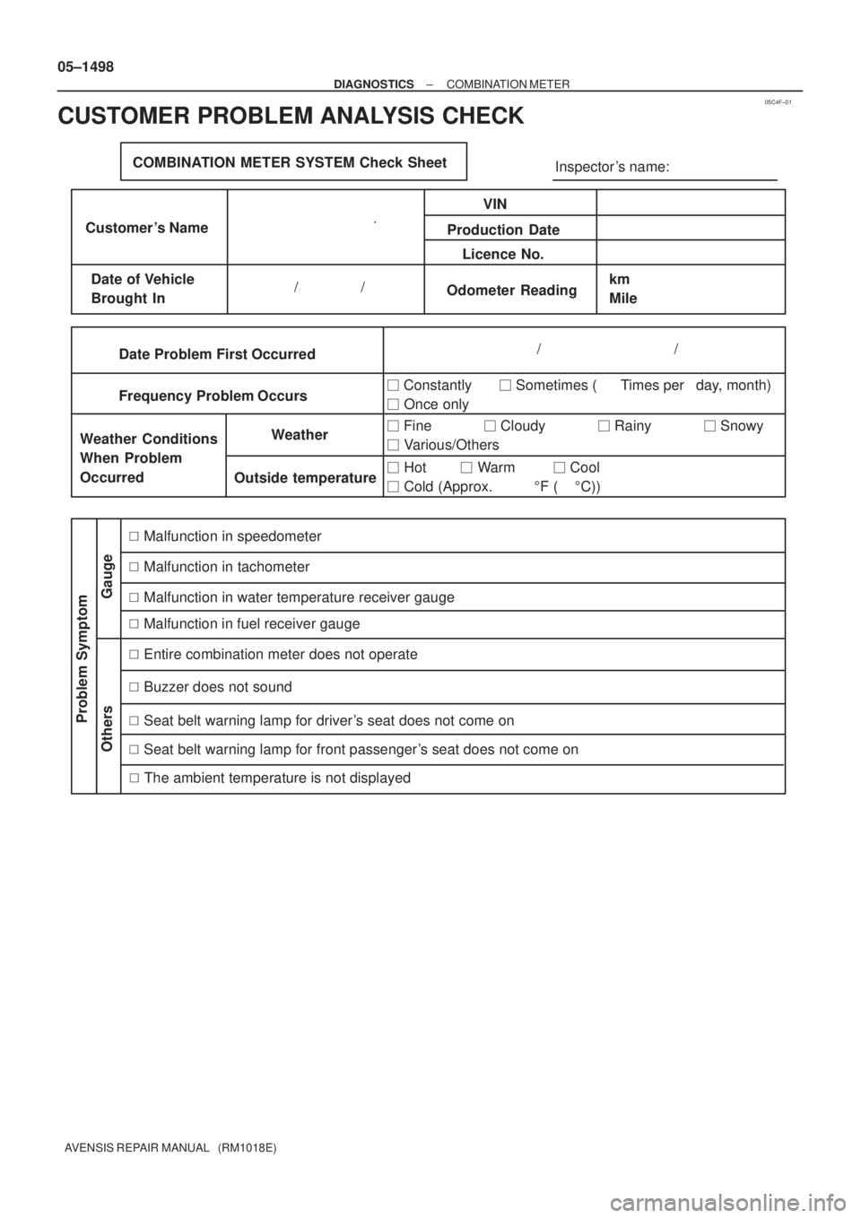 TOYOTA AVENSIS 2005  Service Repair Manual 05C4F±01
             /               /
                              /                                /
COMBINATION METER SYSTEM Check Sheet
Inspector s name:
Customer s NameVIN
Production Date
Li