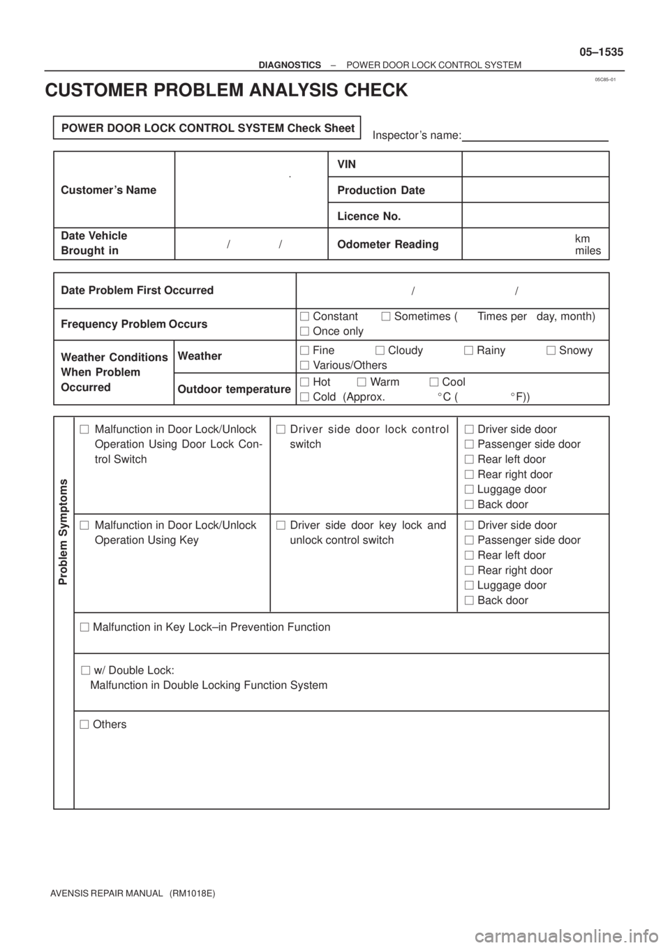 TOYOTA AVENSIS 2005 Service Repair Manual 05C85±01
POWER DOOR LOCK CONTROL SYSTEM Check Sheet
Inspector s name:
Customer s Name
Date Vehicle
Brought inOdometer Reading / /
Weather Conditions
When Problem
Occurred TOYOTA AVENSIS 2005 Service Repair Manual 05C85±01
POWER DOOR LOCK CONTROL SYSTEM Check Sheet
Inspector s name:
Customer s Name
Date Vehicle
Brought inOdometer Reading / /
Weather Conditions
When Problem
Occurred