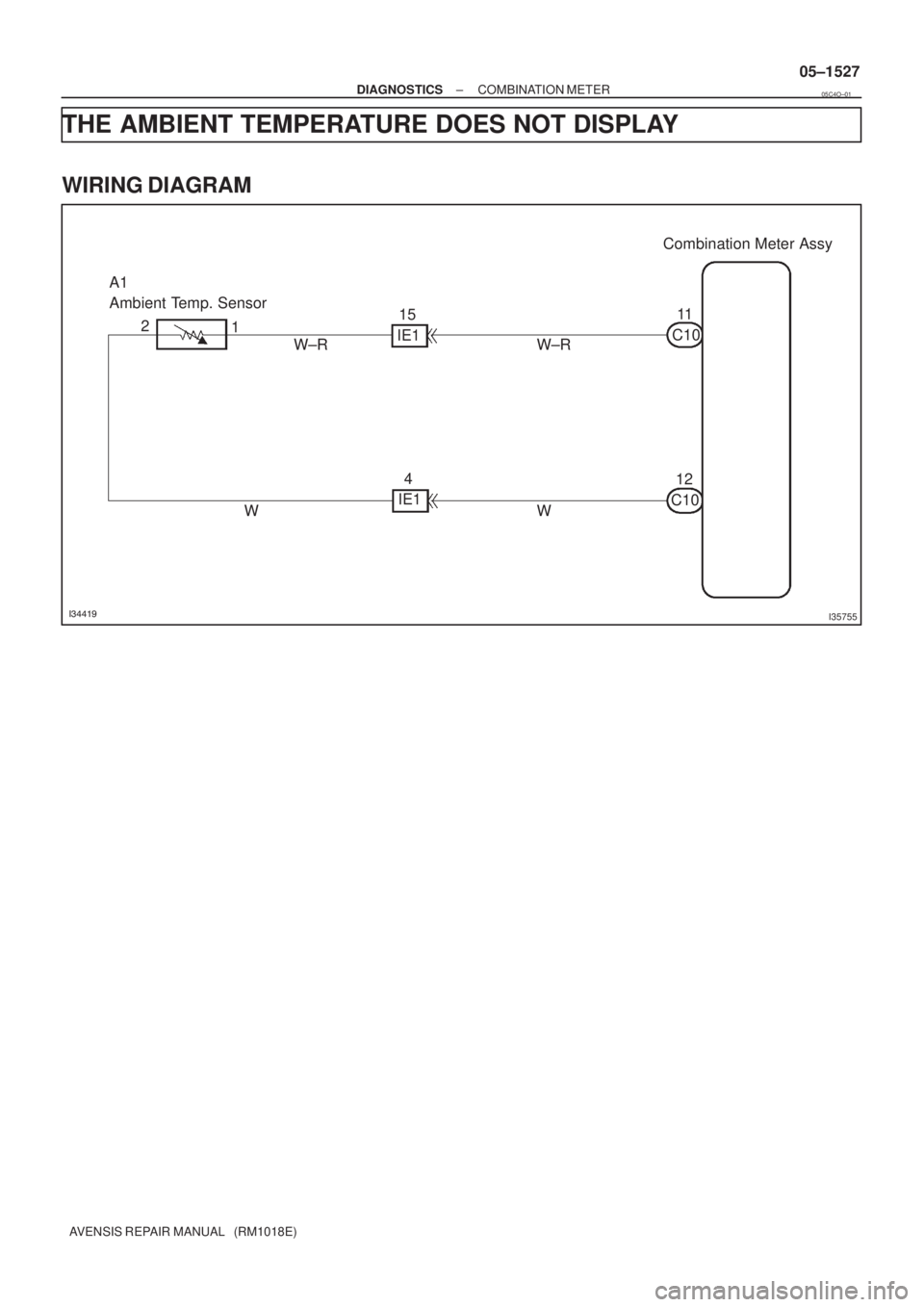 TOYOTA AVENSIS 2005  Service Repair Manual I35755
Combination Meter Assy
C1011
W±R 1 2 A1
Ambient Temp. Sensor
W±R
W WC1012 IE115
IE14
± DIAGNOSTICSCOMBINATION METER
05±1527
AVENSIS REPAIR MANUAL   (RM1018E)
THE AMBIENT TEMPERATURE D